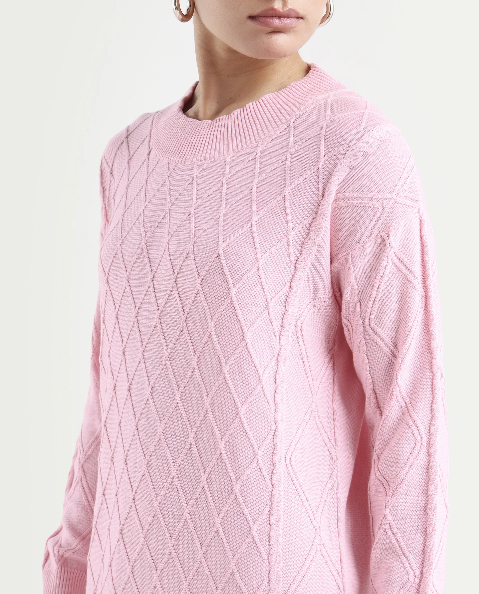 Rareism Women's Budd Light Pink Cotton Crew Neck Plain Knee Length Regular Fit Sweater - Image 4