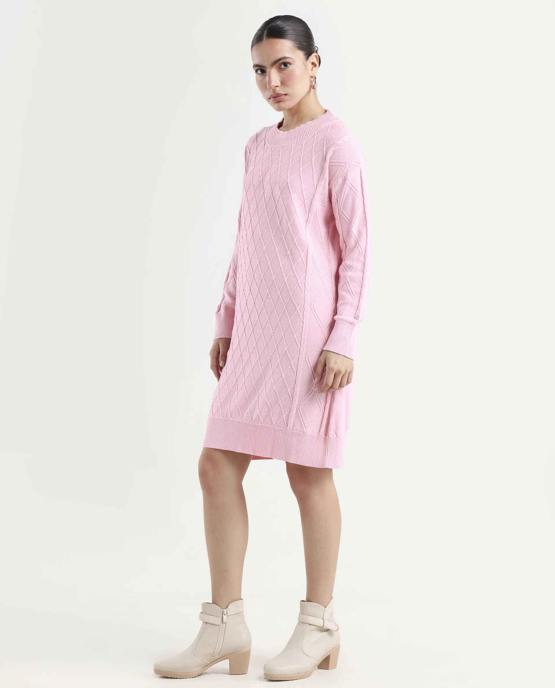 Rareism Women's Budd Light Pink Cotton Crew Neck Plain Knee Length Regular Fit Sweater - Image 5