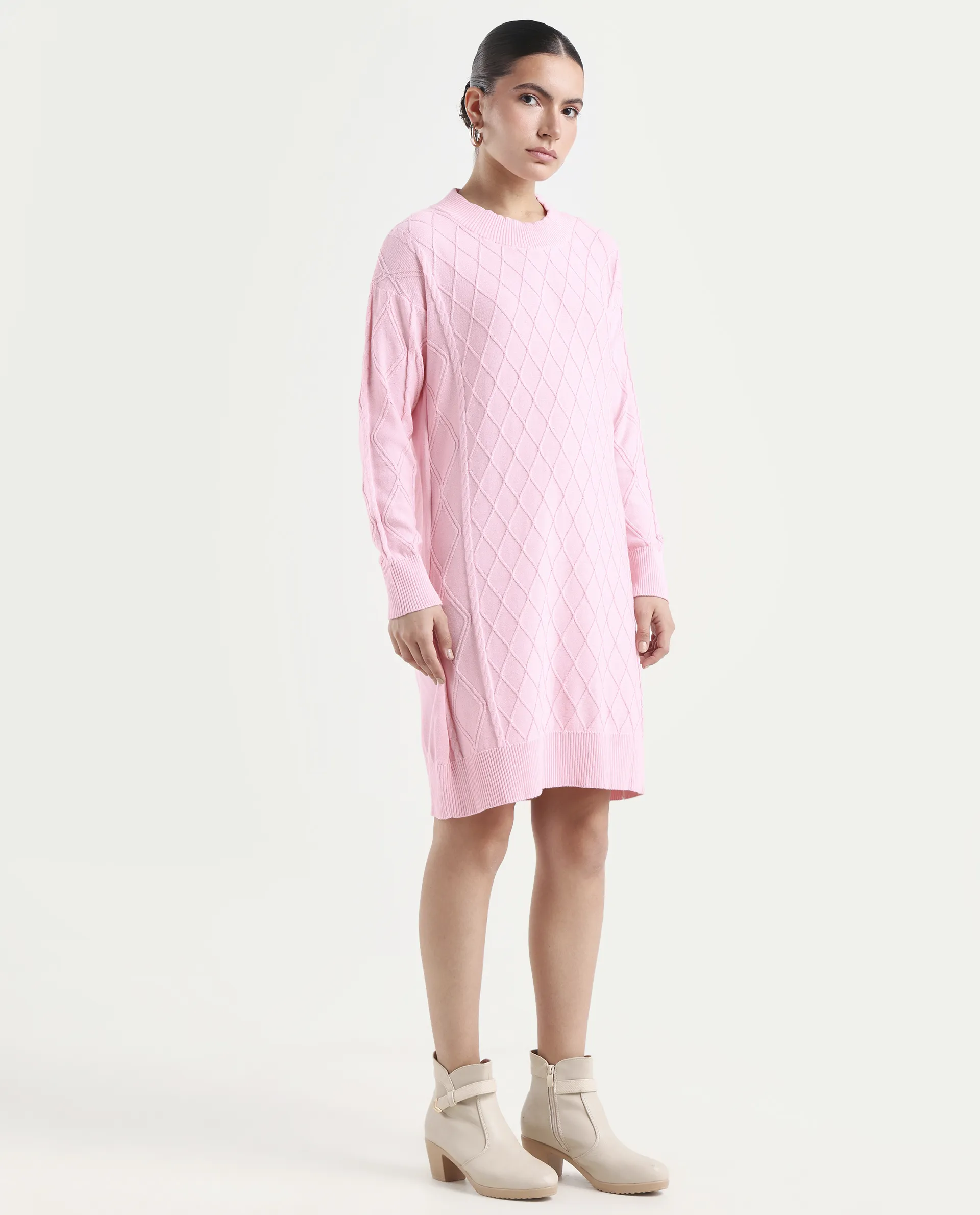 Rareism Women's Budd Light Pink Cotton Crew Neck Plain Knee Length Regular Fit Sweater - Image 6
