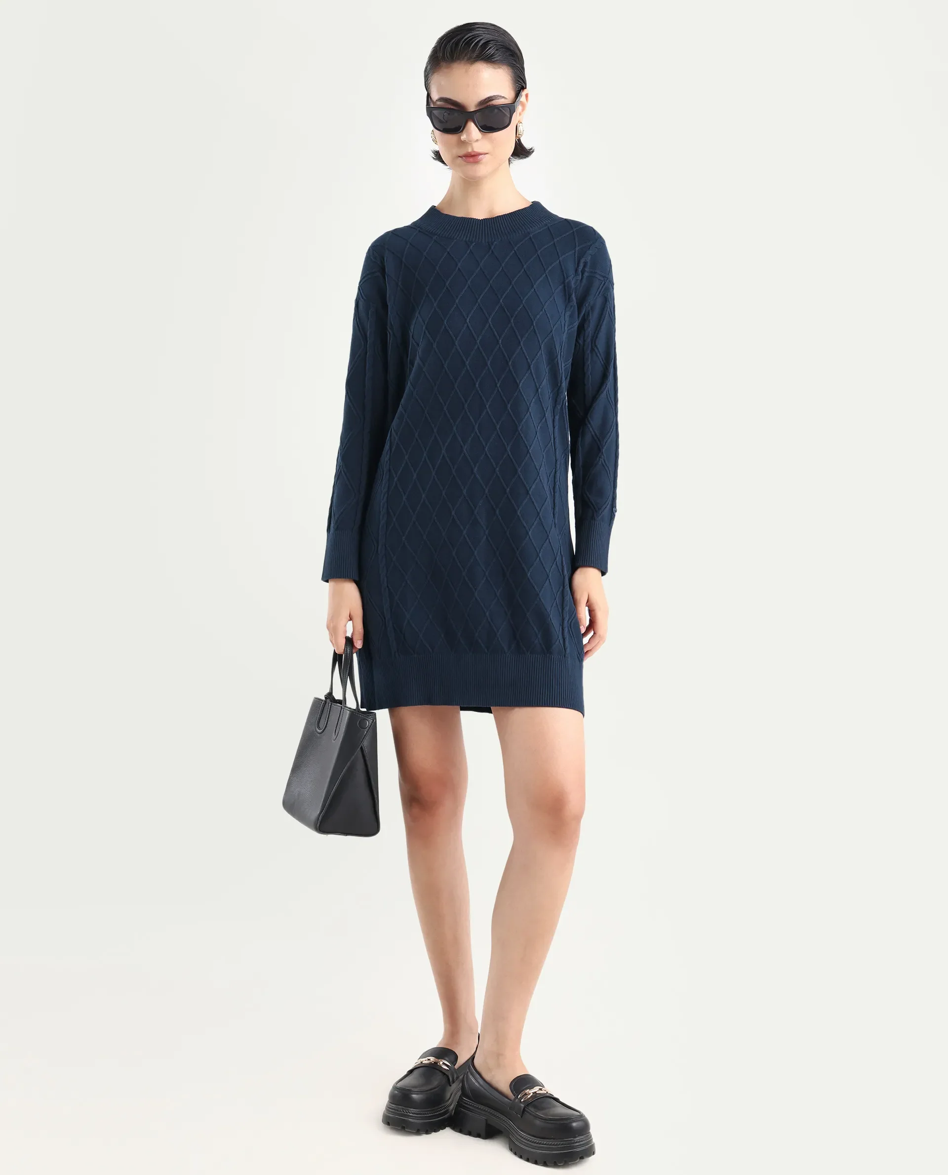 Rareism Women's Budd Navy Cotton Crew Neck Plain Knee Length Regular Fit Sweater