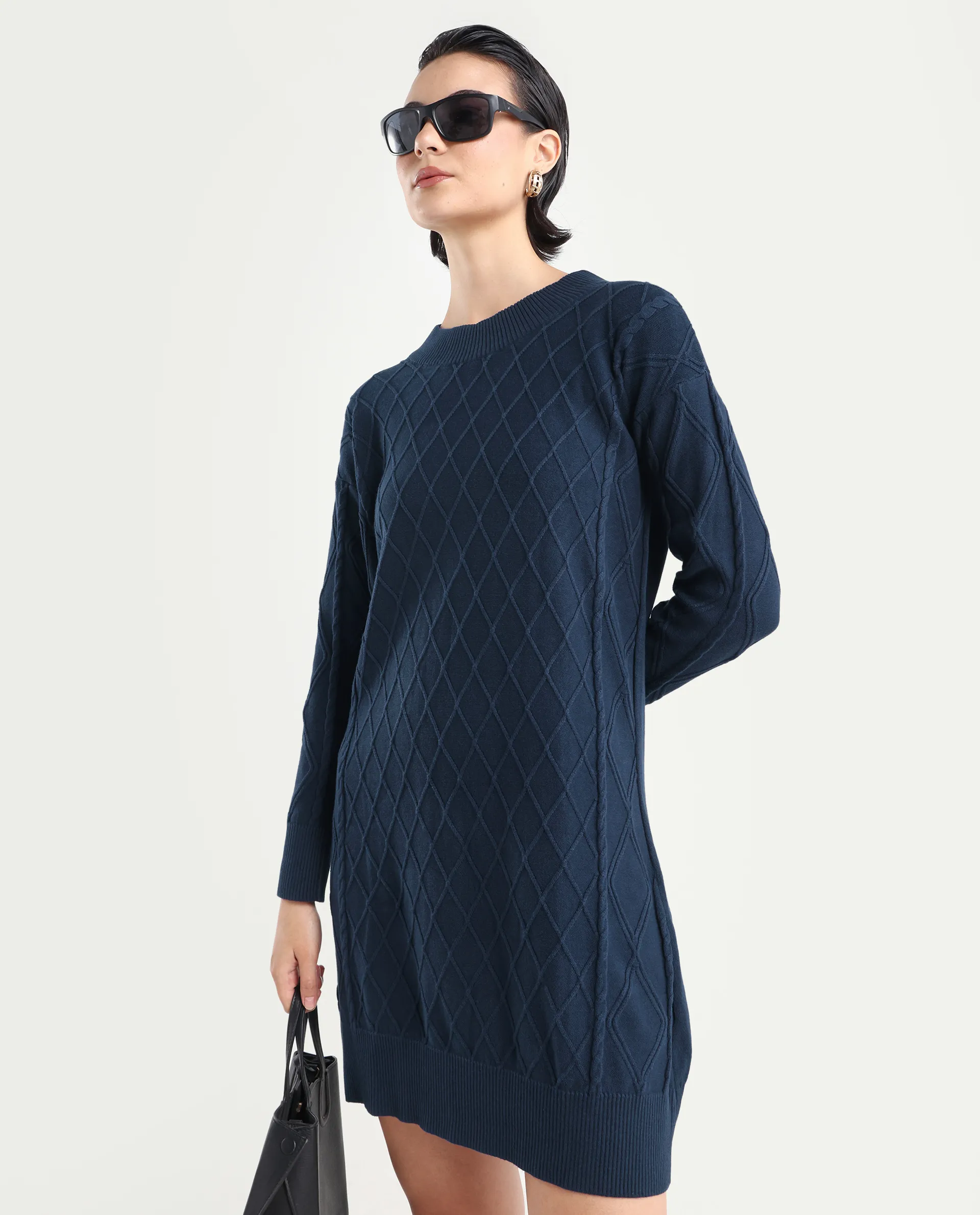 Rareism Women's Budd Navy Cotton Crew Neck Plain Knee Length Regular Fit Sweater - Image 2