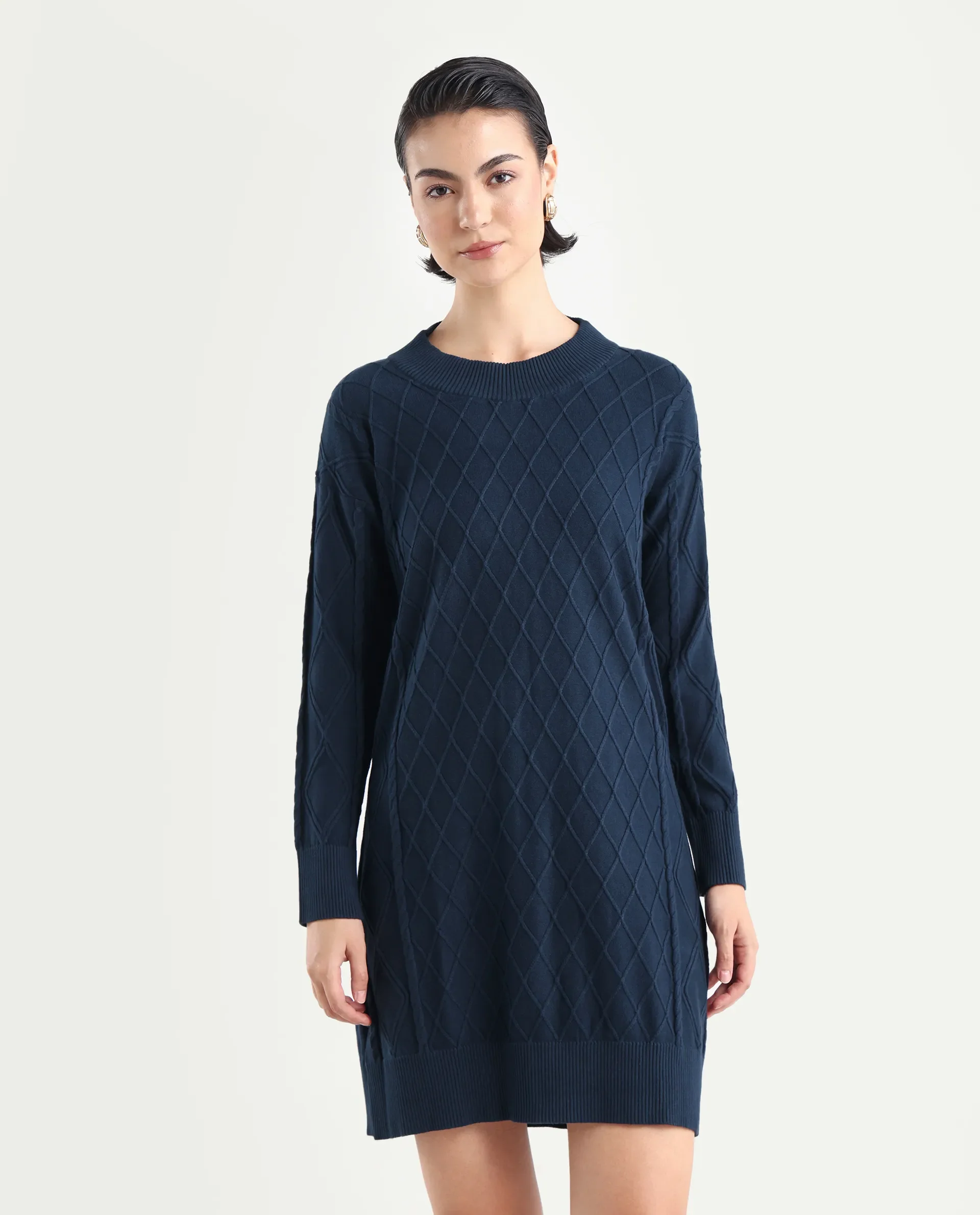 Rareism Women's Budd Navy Cotton Crew Neck Plain Knee Length Regular Fit Sweater - Image 3