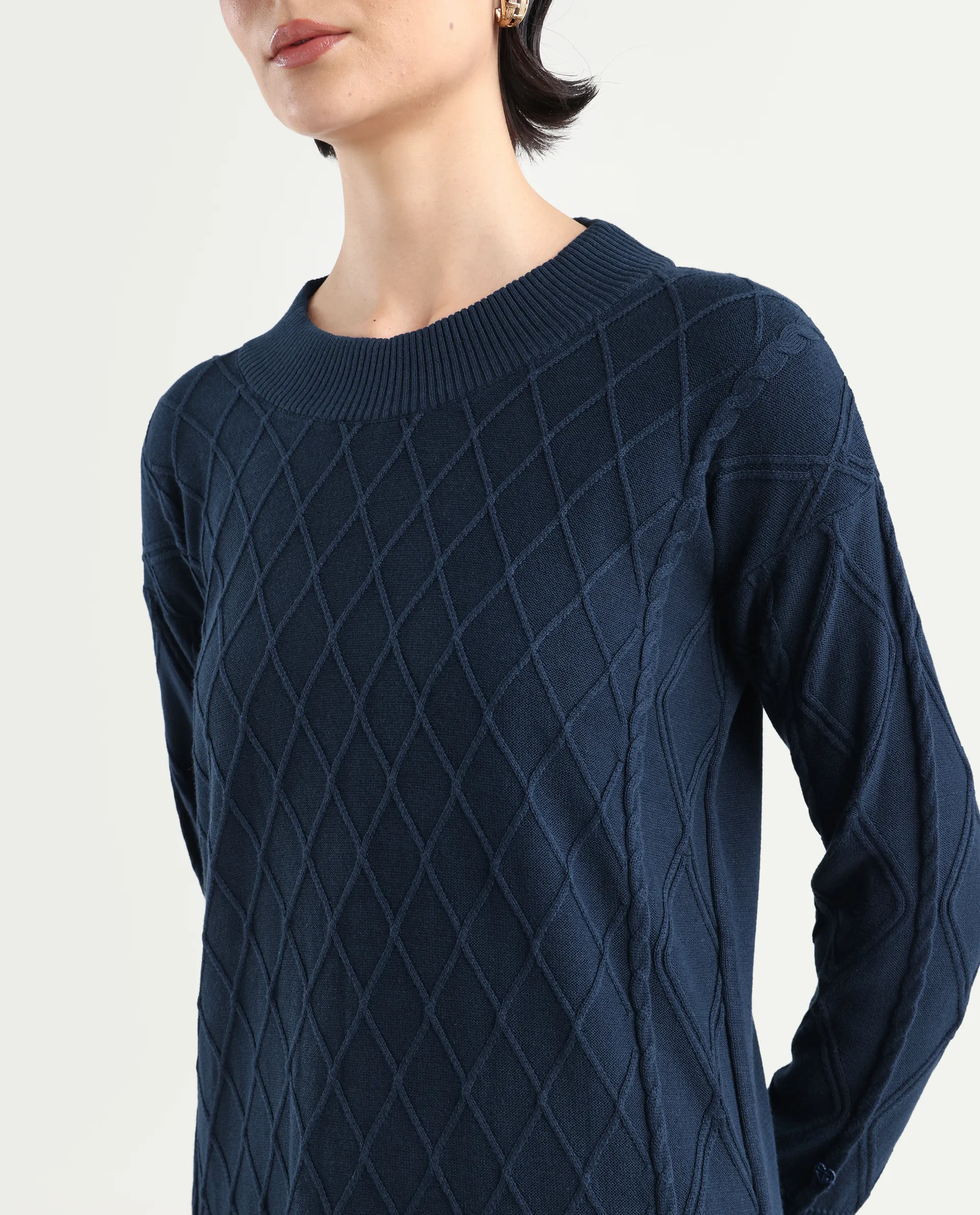 Rareism Women's Budd Navy Cotton Crew Neck Plain Knee Length Regular Fit Sweater - Image 4