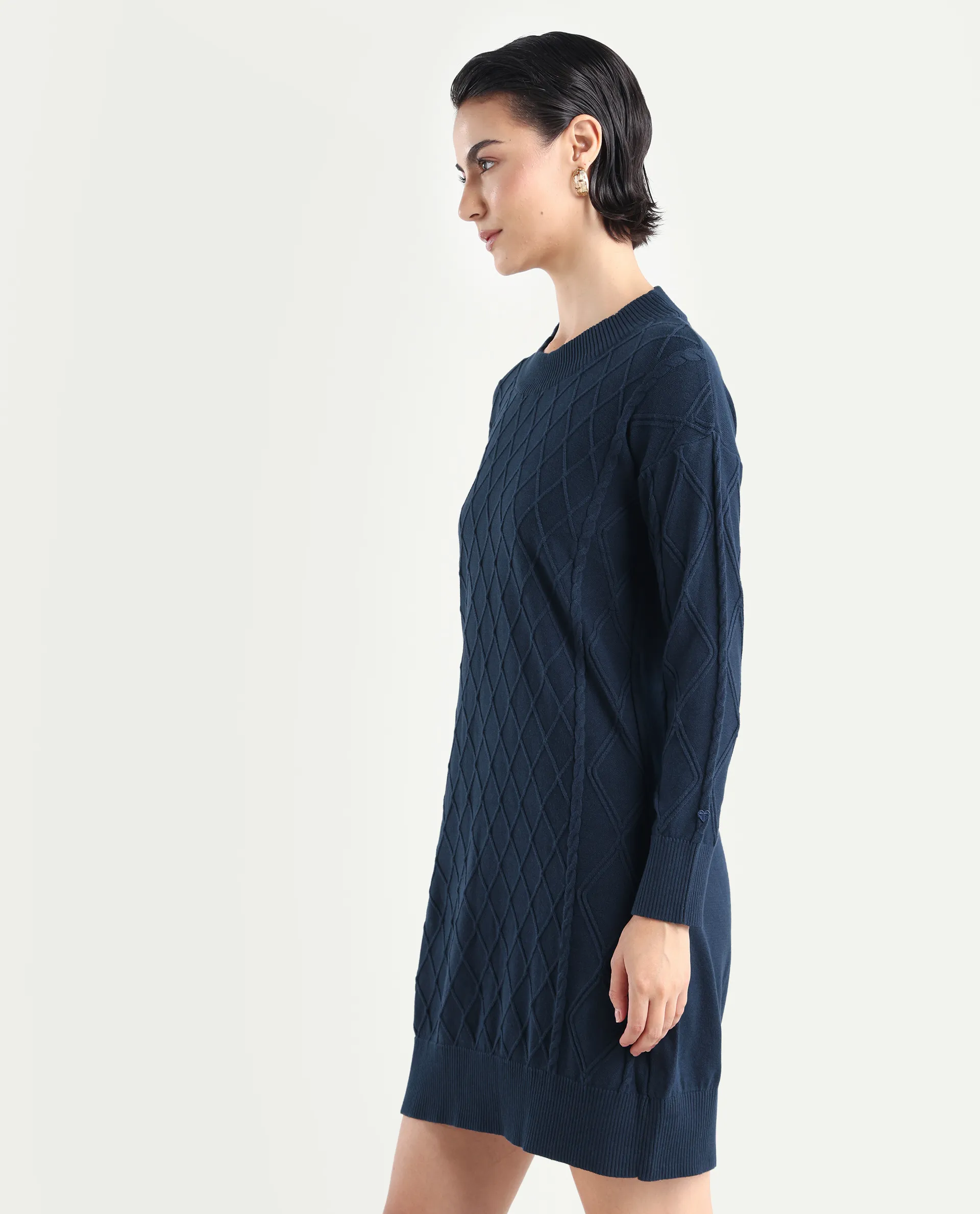 Rareism Women's Budd Navy Cotton Crew Neck Plain Knee Length Regular Fit Sweater - Image 5