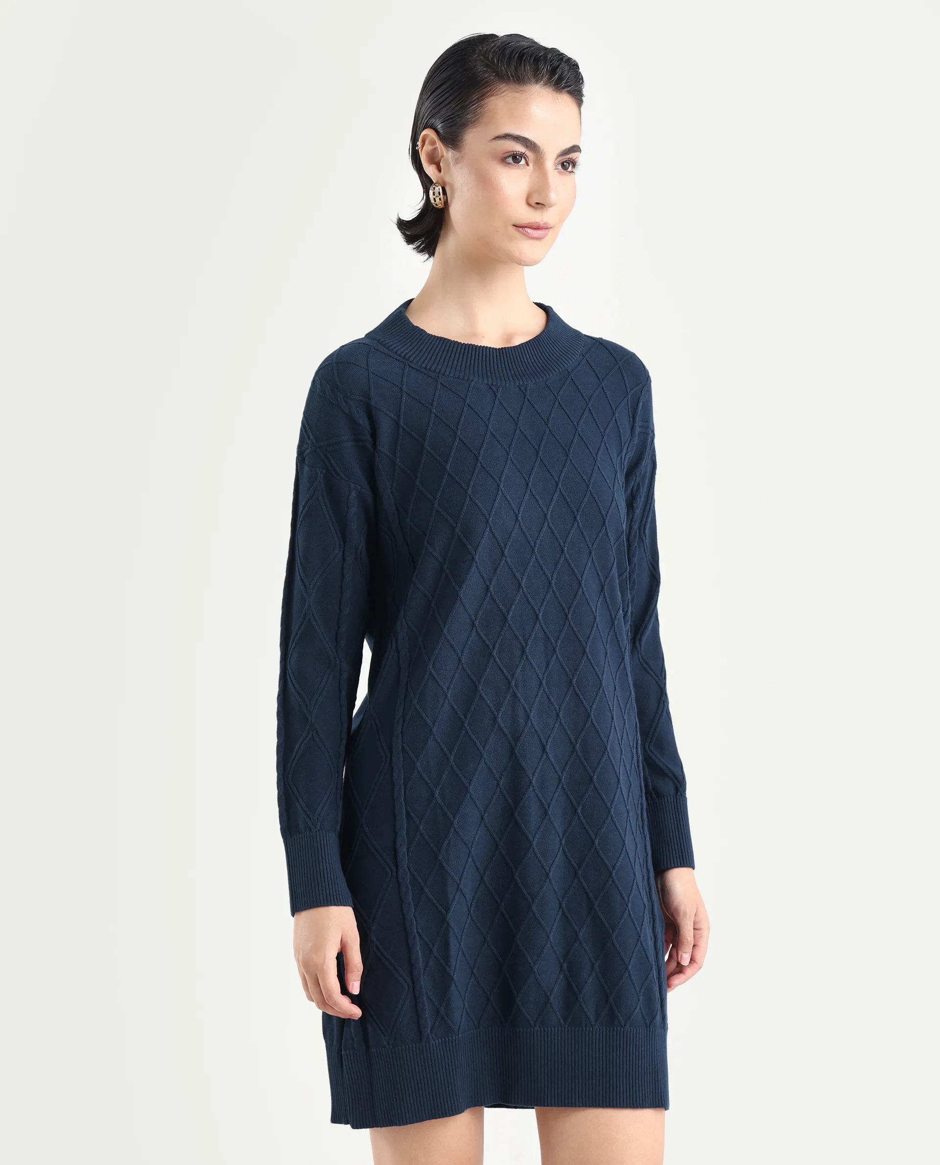Rareism Women's Budd Navy Cotton Crew Neck Plain Knee Length Regular Fit Sweater - Image 6