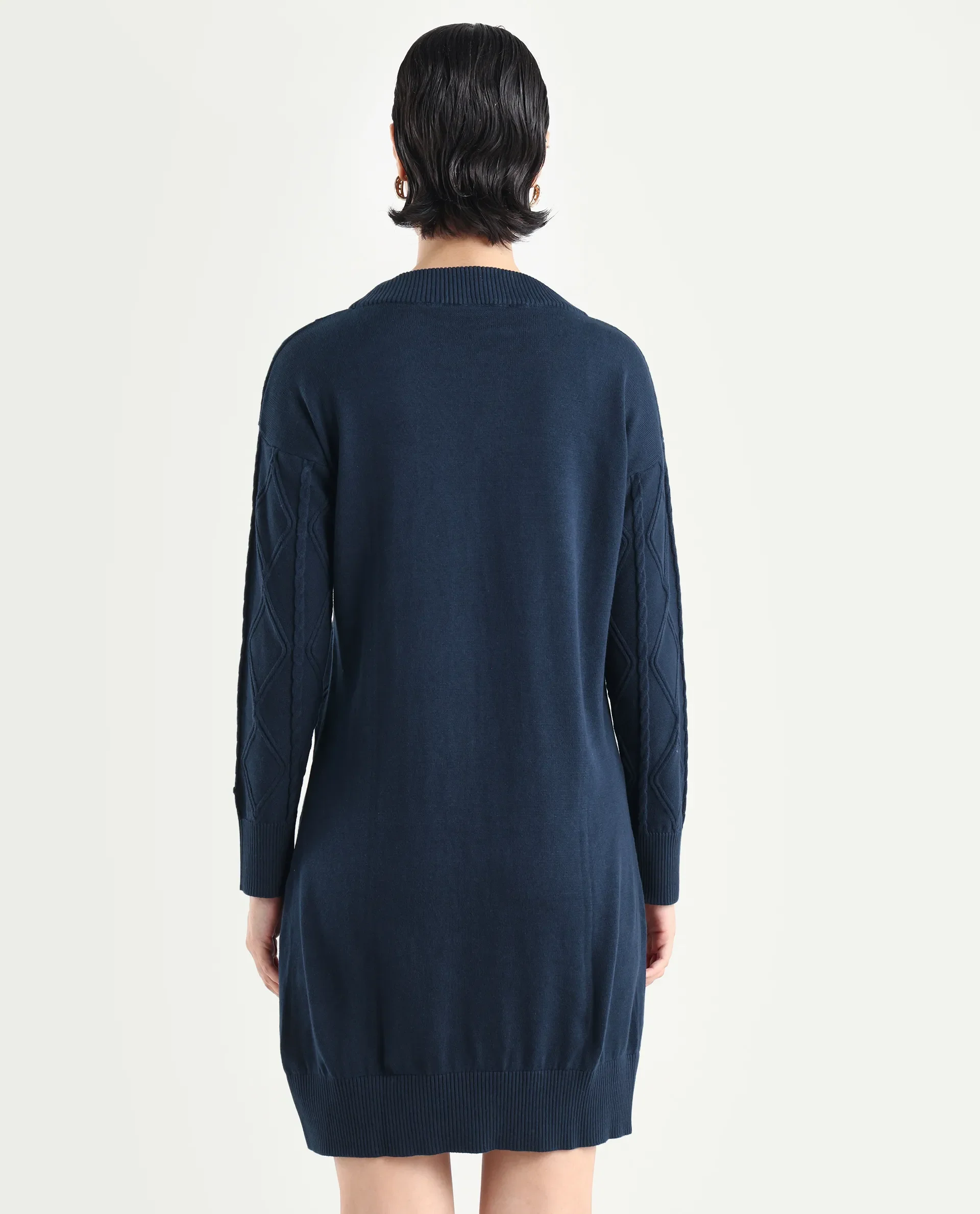 Rareism Women's Budd Navy Cotton Crew Neck Plain Knee Length Regular Fit Sweater - Image 7