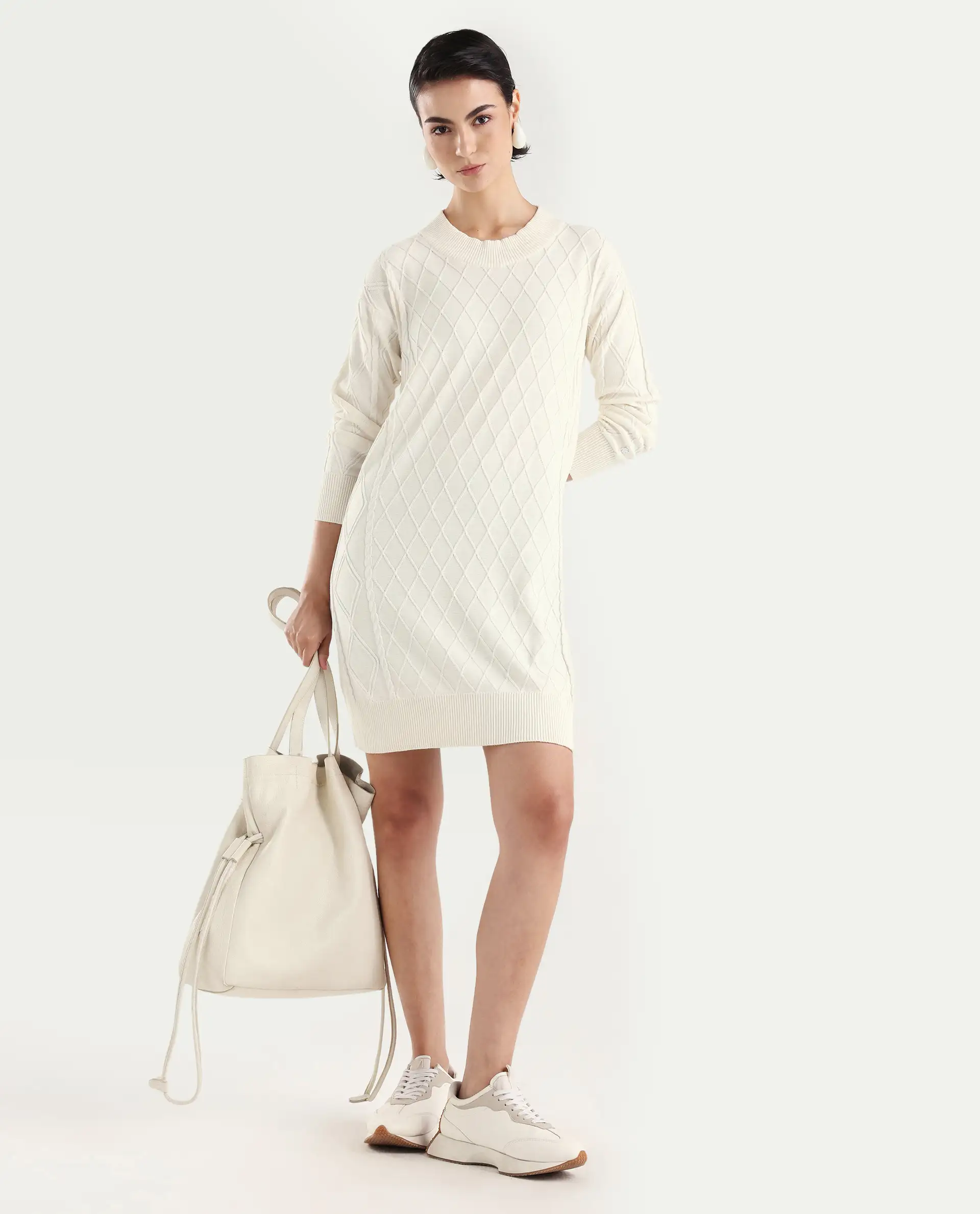 Rareism Women's Budd Off White Cotton Crew Neck Plain Knee Length Regular Fit Sweater - Image 2