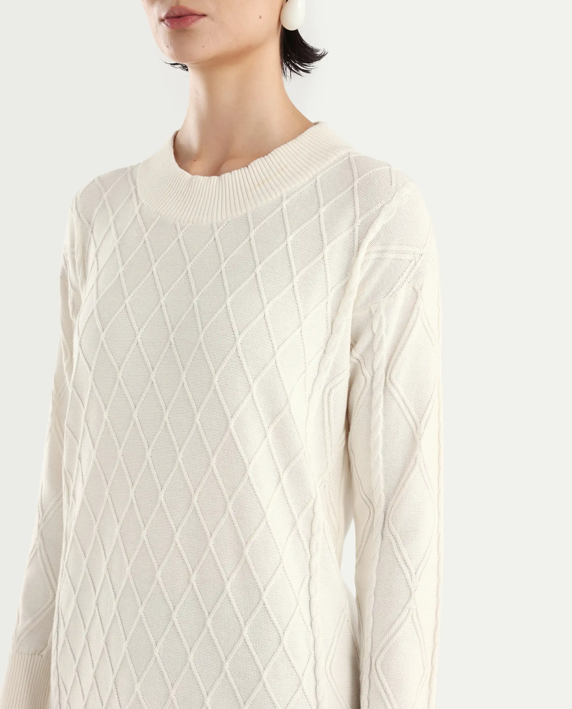 Rareism Women's Budd Off White Cotton Crew Neck Plain Knee Length Regular Fit Sweater - Image 3