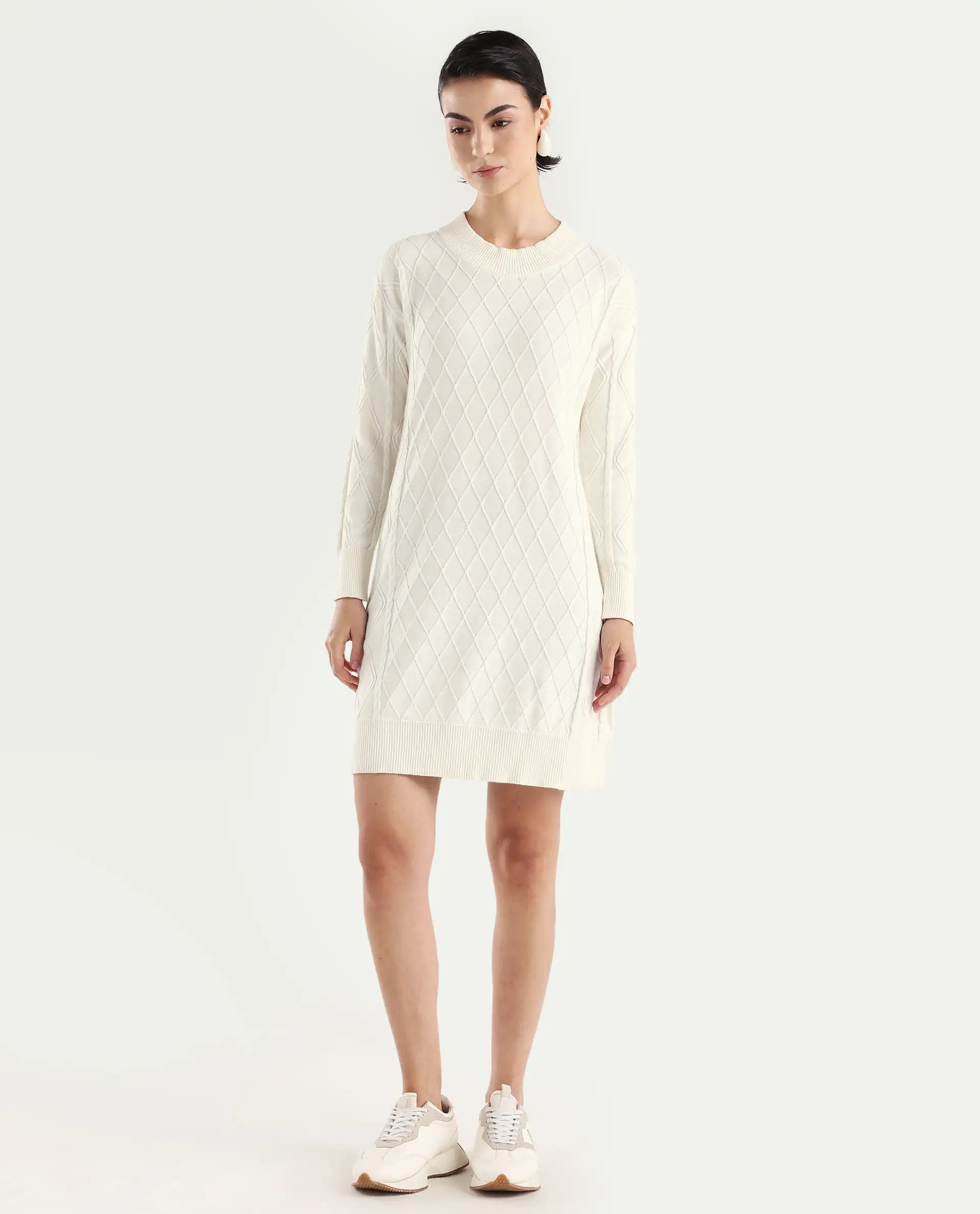 Rareism Women's Budd Off White Cotton Crew Neck Plain Knee Length Regular Fit Sweater - Image 4