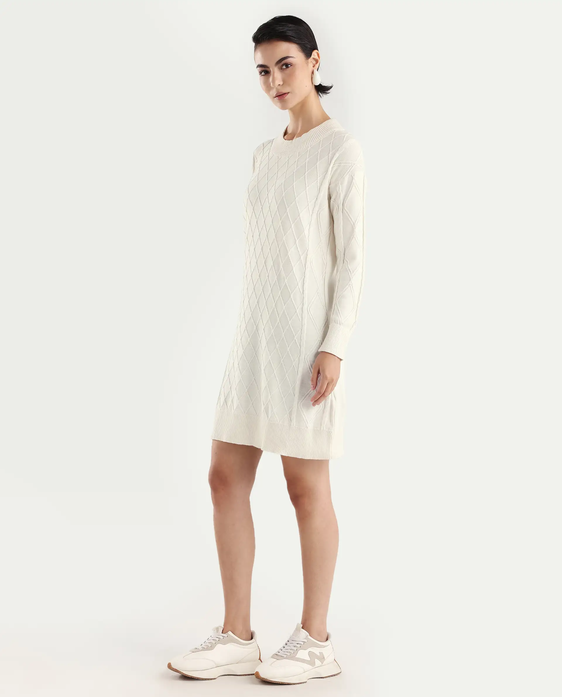 Rareism Women's Budd Off White Cotton Crew Neck Plain Knee Length Regular Fit Sweater - Image 5