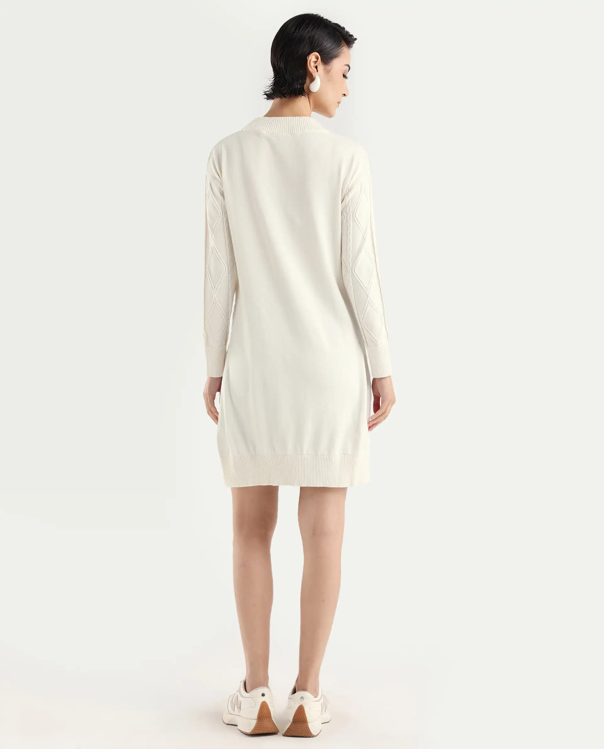 Rareism Women's Budd Off White Cotton Crew Neck Plain Knee Length Regular Fit Sweater - Image 7