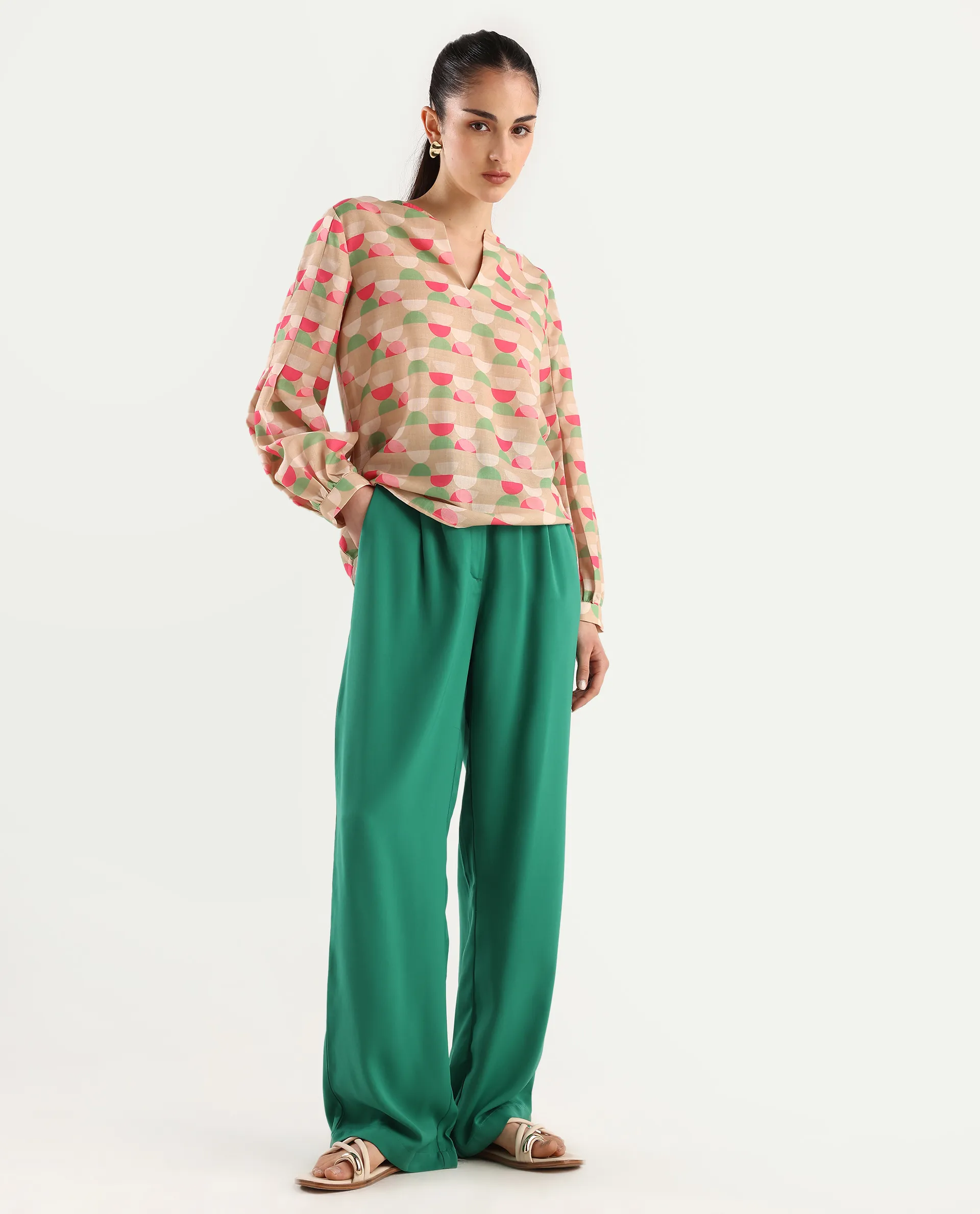 Rareism Women's Buell Green Polyester Plain Ankle Length Straight Fit Trouser - Image 2