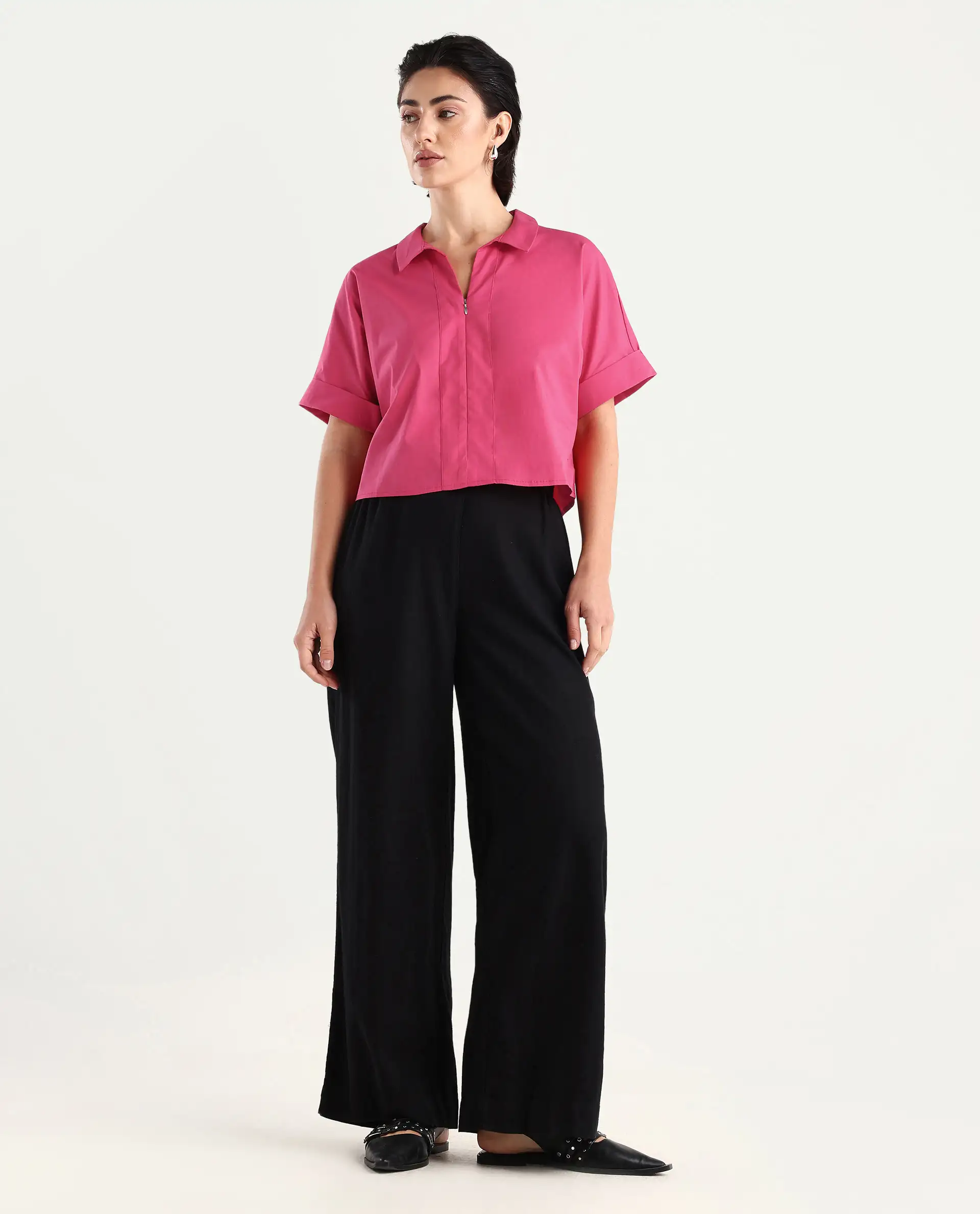 Rareism Women's Buener Pink Cotton Blend Drop Collar Plain Extended Sleeves Crop Boxy Fit Top - Image 2
