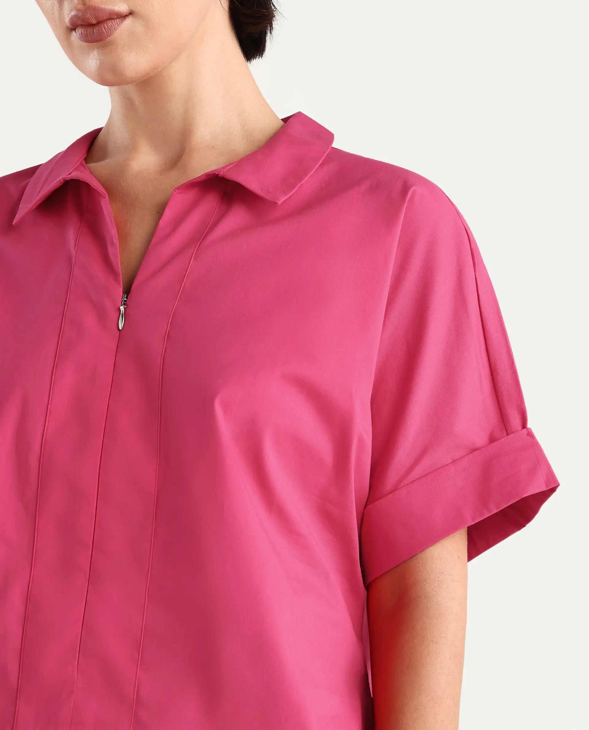 Rareism Women's Buener Pink Cotton Blend Drop Collar Plain Extended Sleeves Crop Boxy Fit Top - Image 3