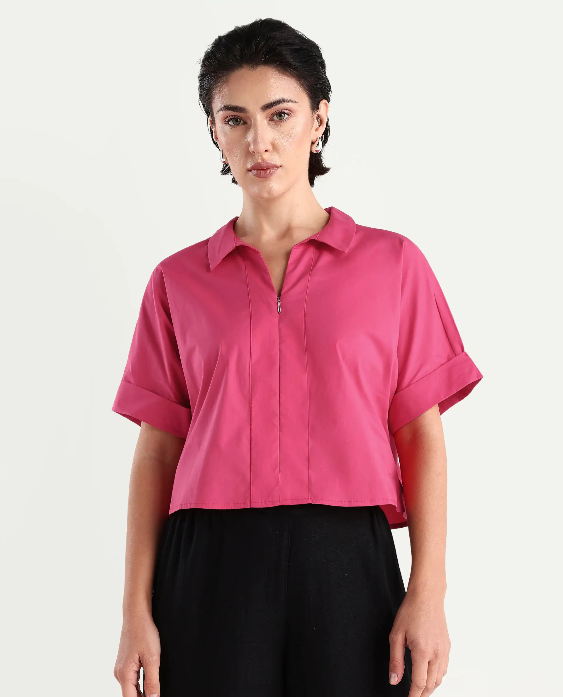Rareism Women's Buener Pink Cotton Blend Drop Collar Plain Extended Sleeves Crop Boxy Fit Top - Image 4