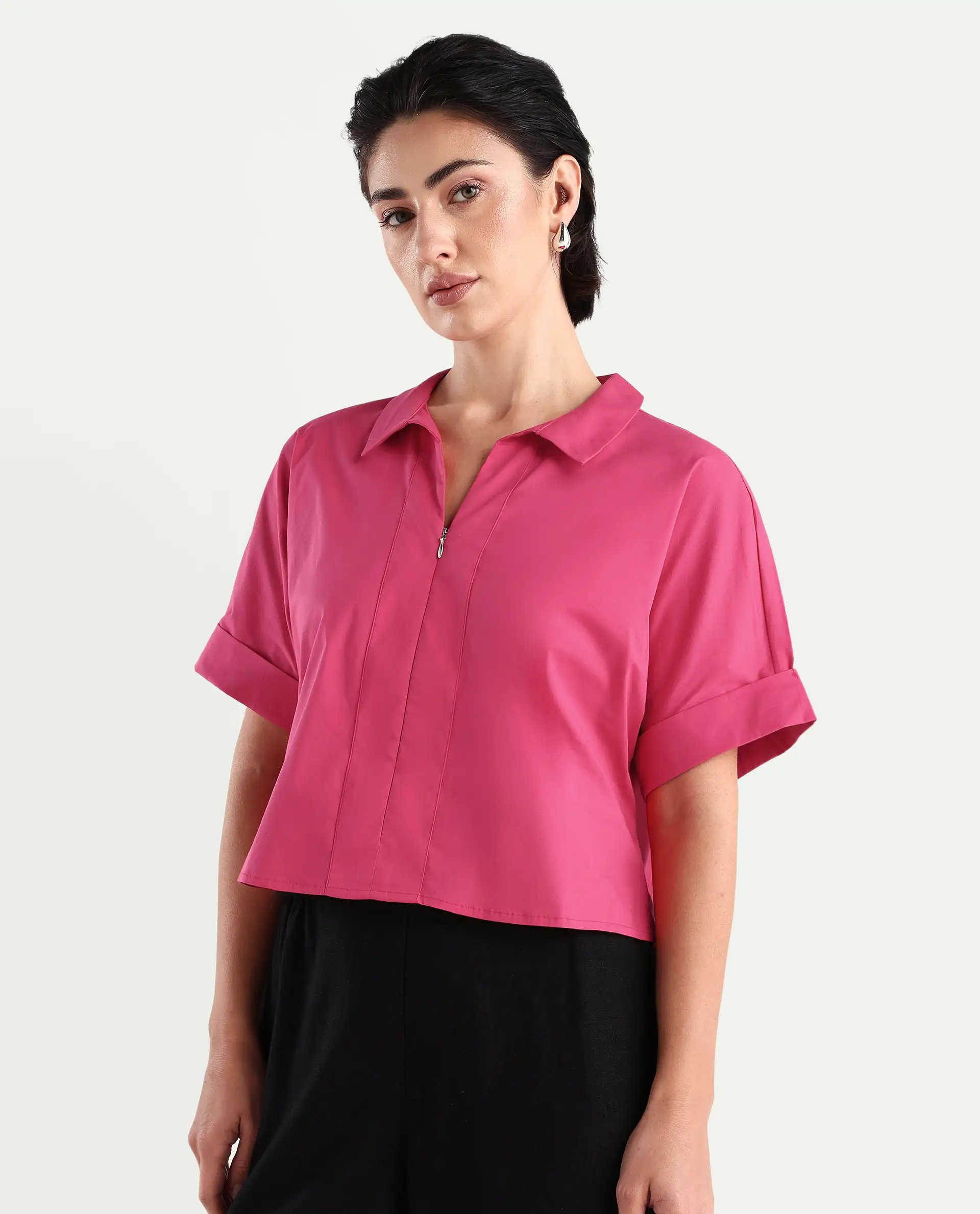 Rareism Women's Buener Pink Cotton Blend Drop Collar Plain Extended Sleeves Crop Boxy Fit Top - Image 5