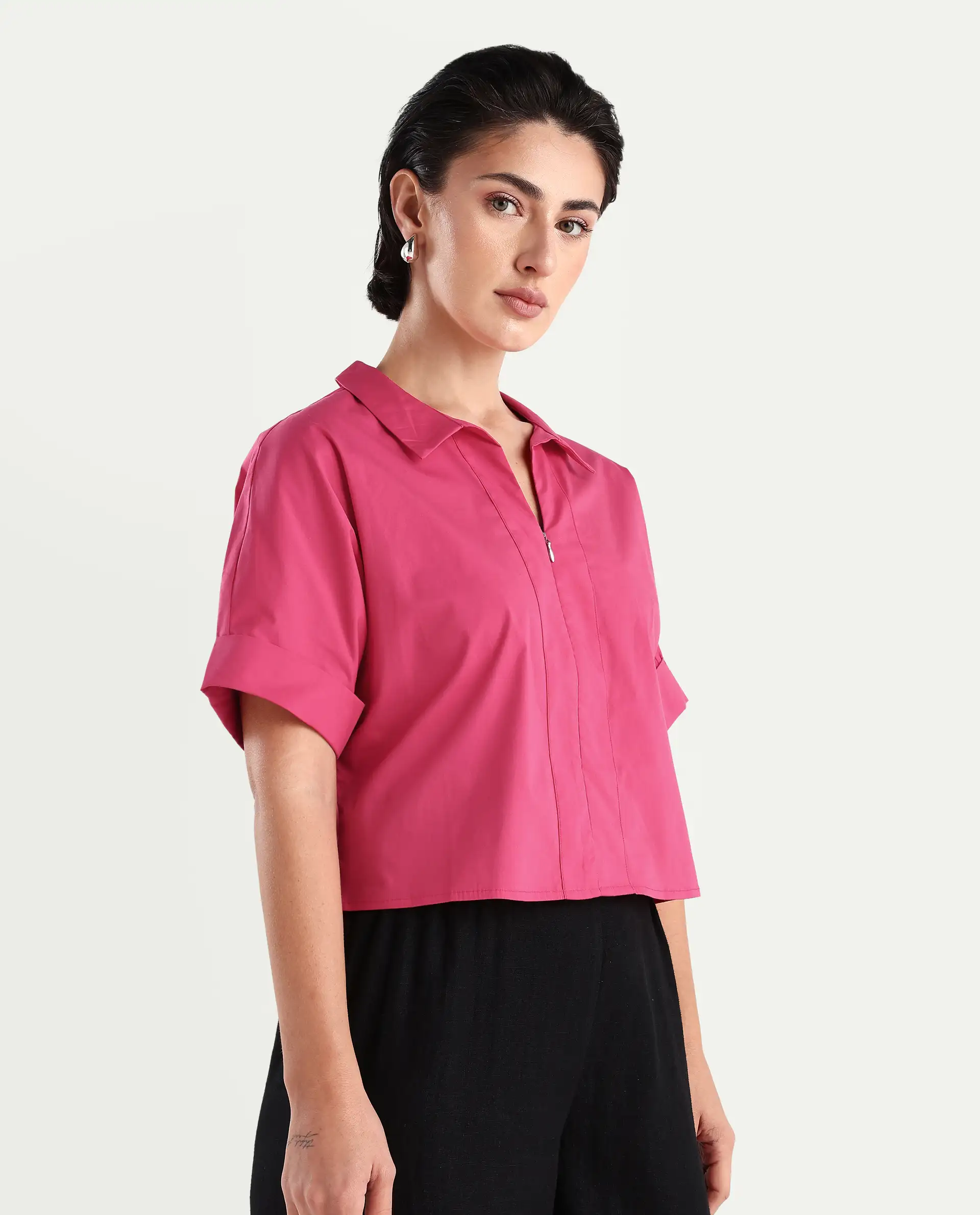 Rareism Women's Buener Pink Cotton Blend Drop Collar Plain Extended Sleeves Crop Boxy Fit Top - Image 6