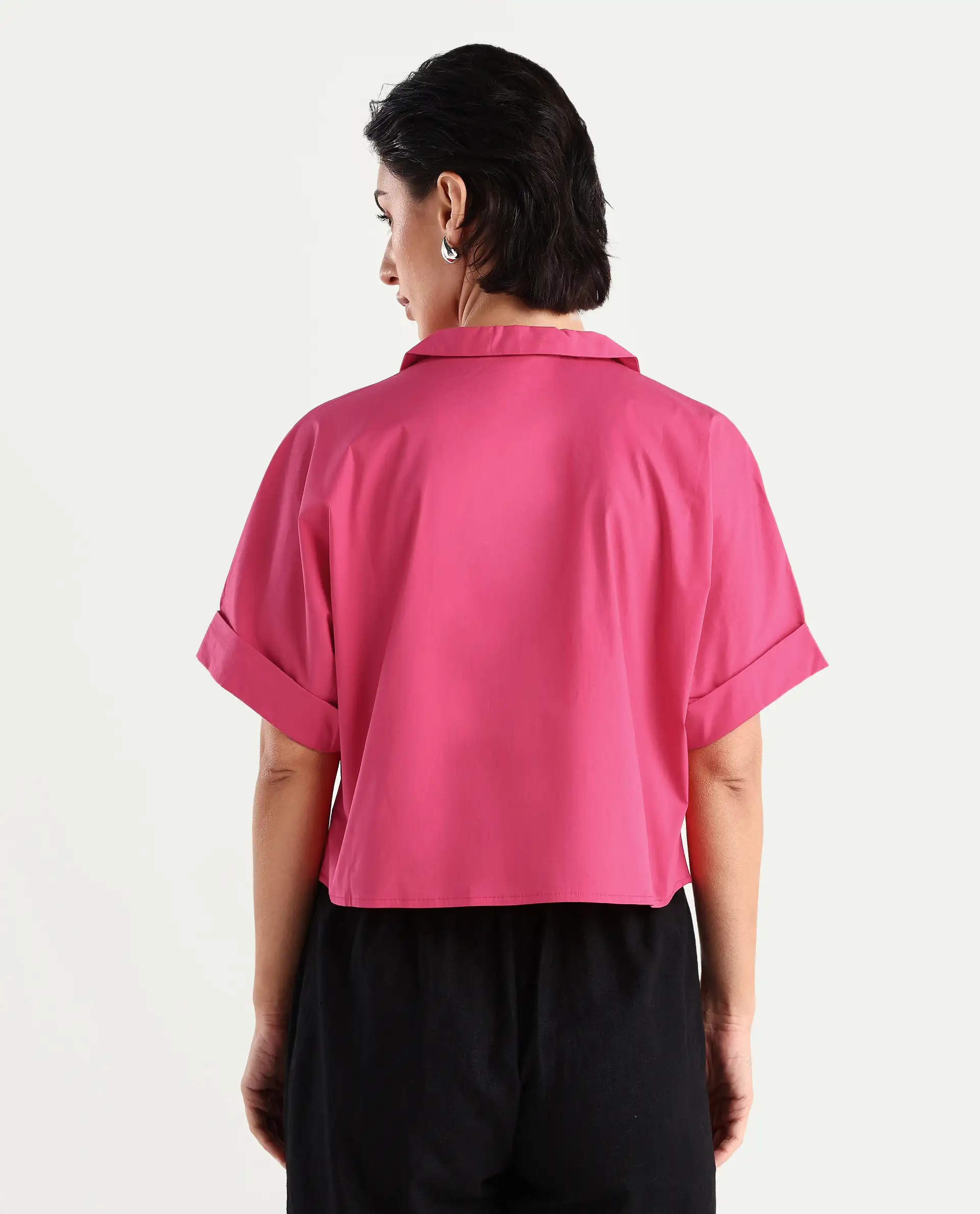 Rareism Women's Buener Pink Cotton Blend Drop Collar Plain Extended Sleeves Crop Boxy Fit Top - Image 7