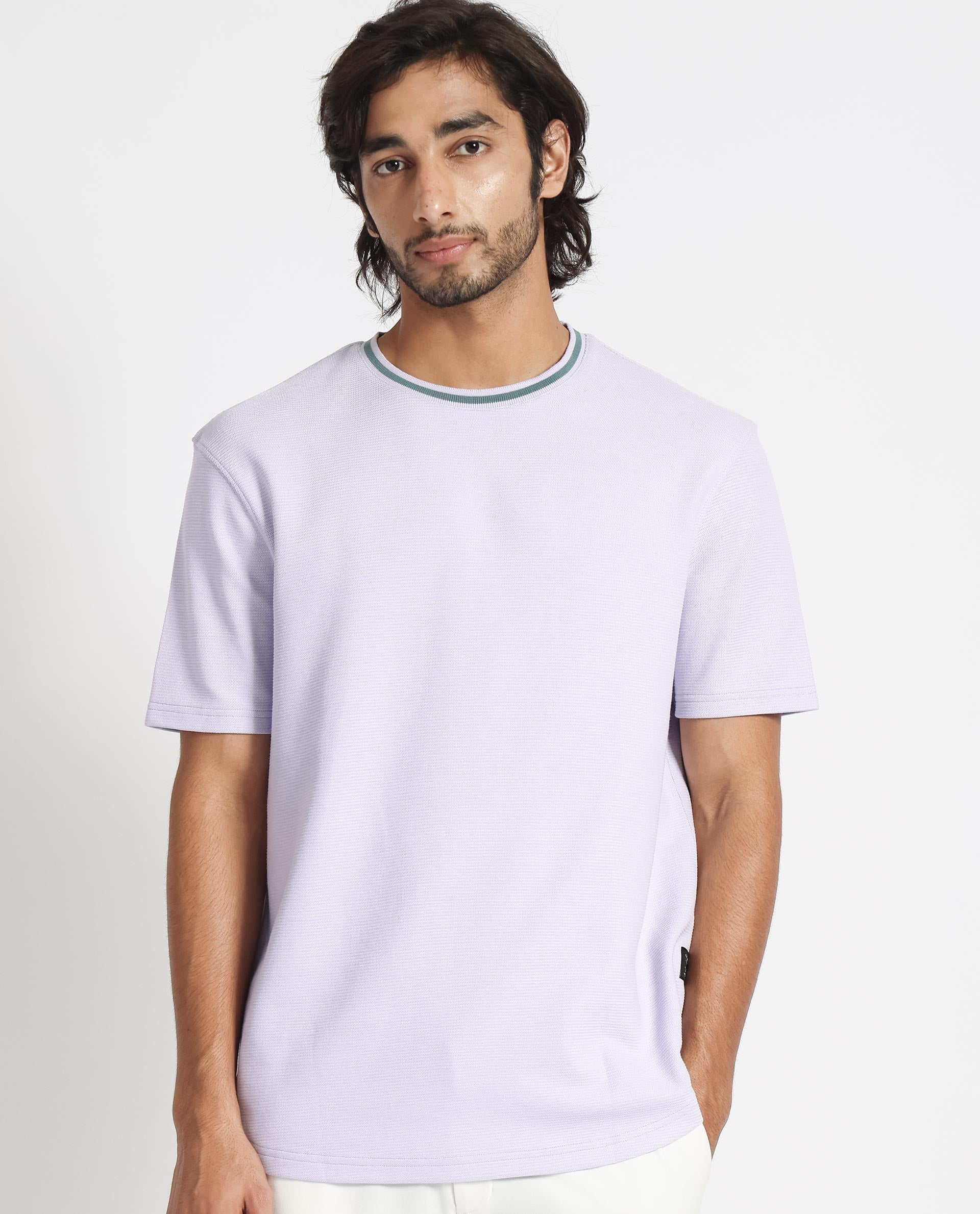 Rare Rabbit Men's Bueno Pastel Purple Cotton Plain Relaxed Fit Half Sleeve Crew Neck T-Shirt