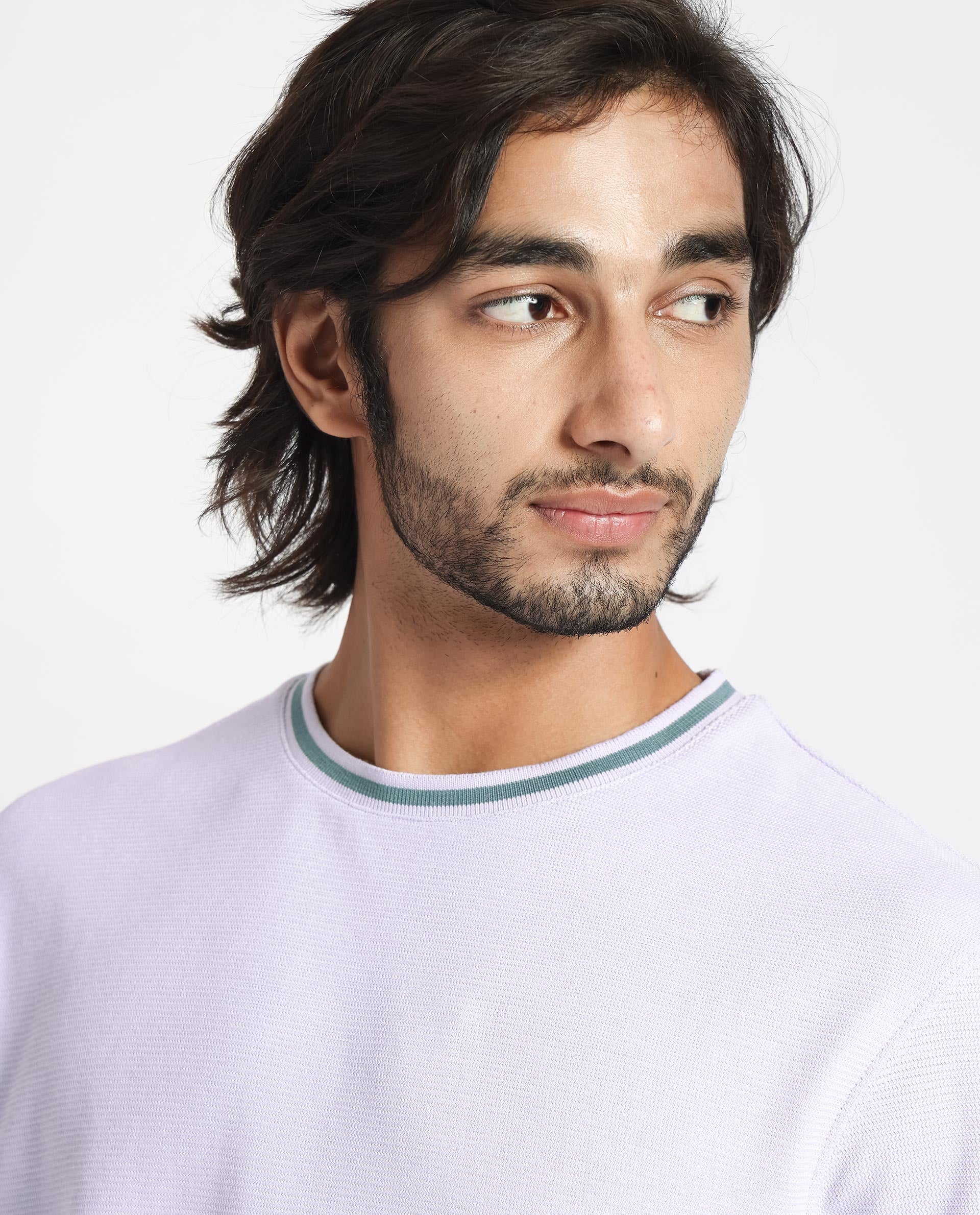 Rare Rabbit Men's Bueno Pastel Purple Cotton Plain Relaxed Fit Half Sleeve Crew Neck T-Shirt - Image 2