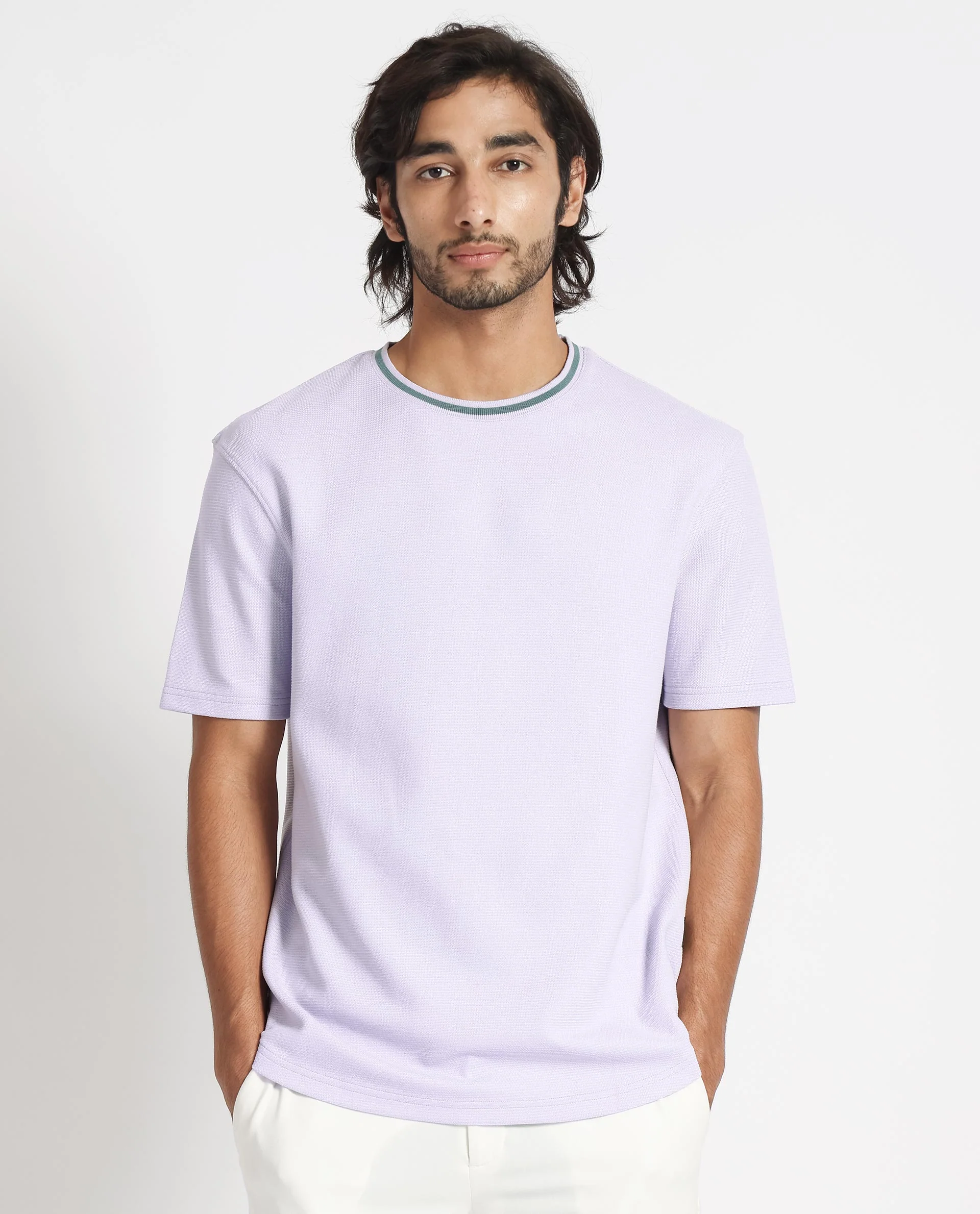 Rare Rabbit Men's Bueno Pastel Purple Cotton Plain Relaxed Fit Half Sleeve Crew Neck T-Shirt - Image 4
