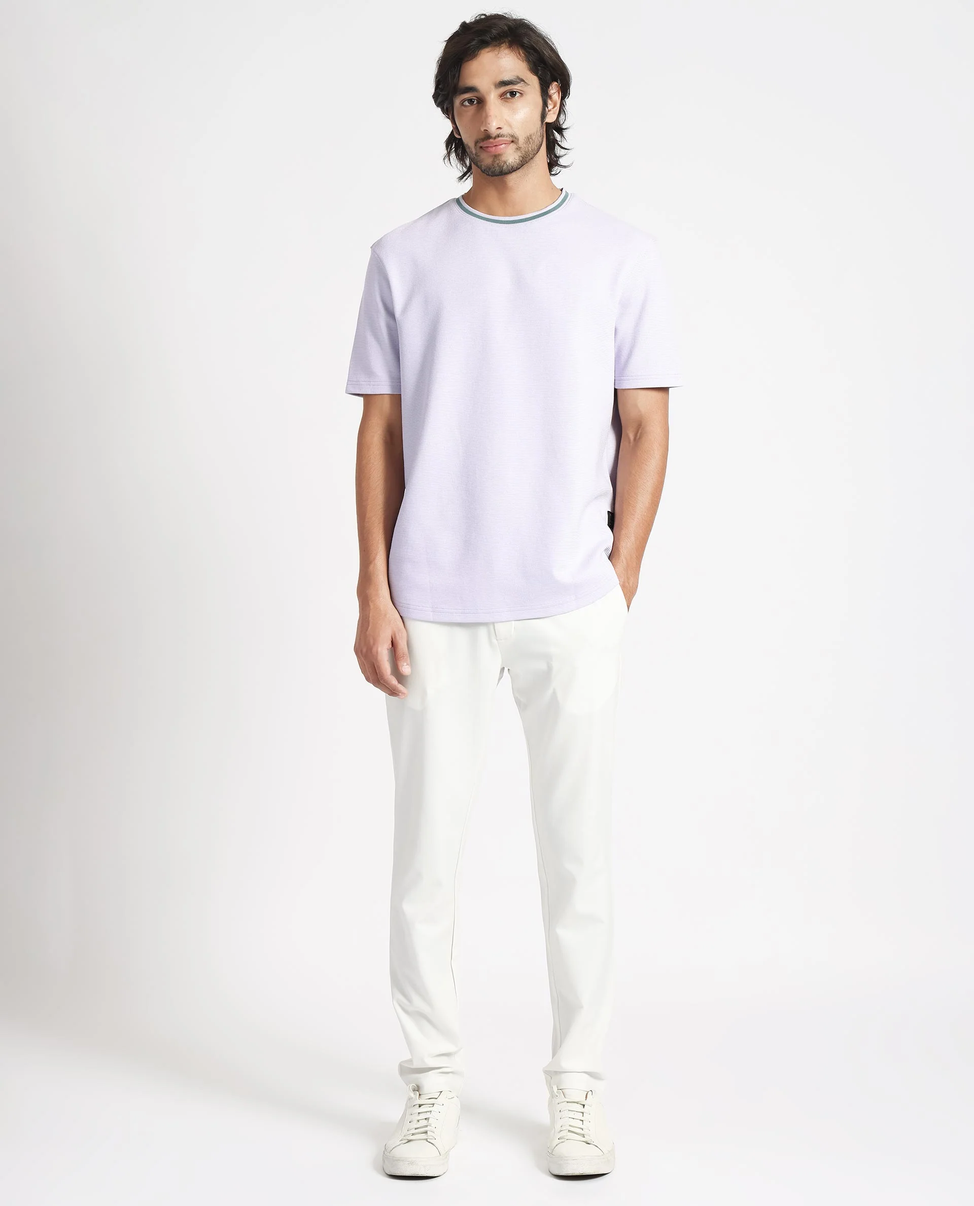 Rare Rabbit Men's Bueno Pastel Purple Cotton Plain Relaxed Fit Half Sleeve Crew Neck T-Shirt - Image 5