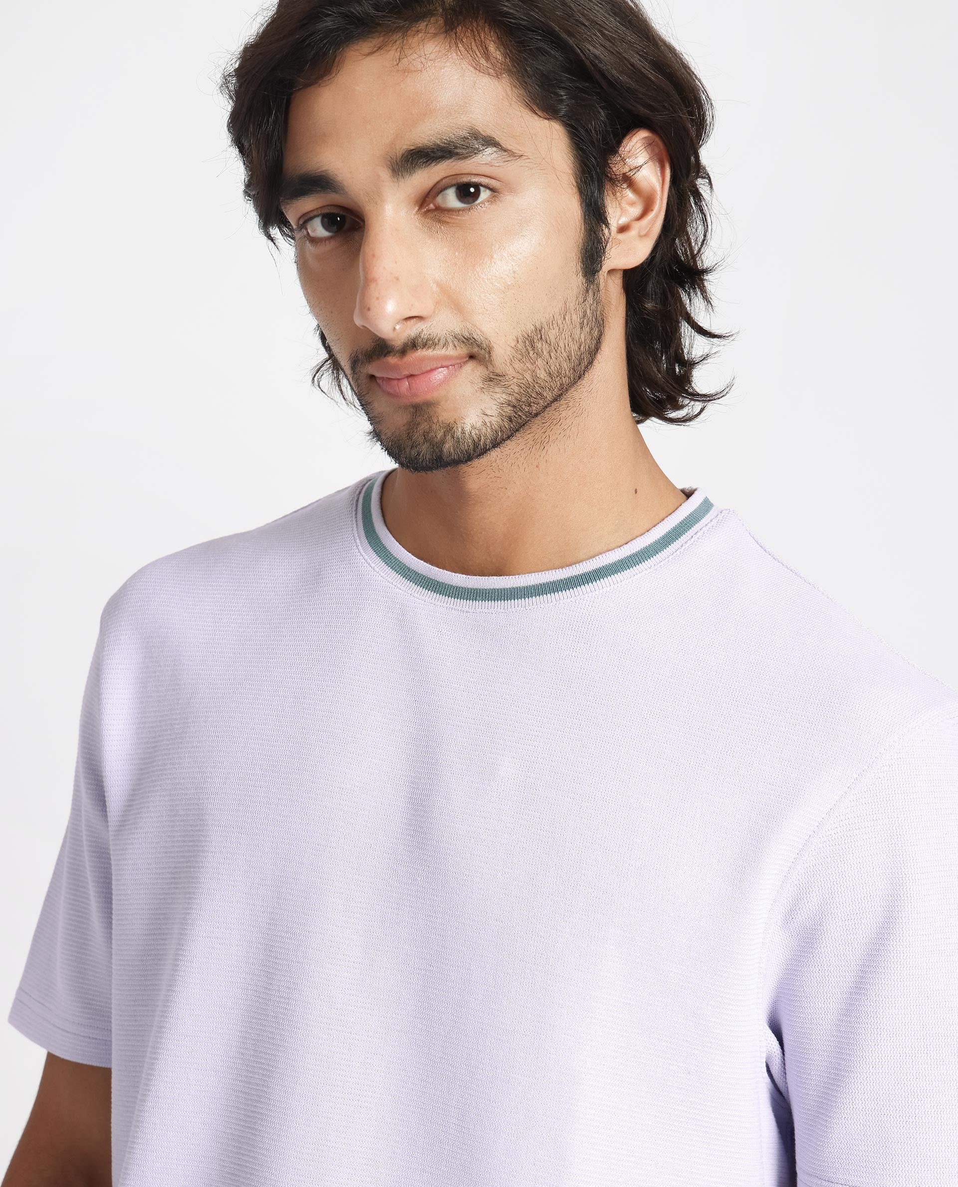 Rare Rabbit Men's Bueno Pastel Purple Cotton Plain Relaxed Fit Half Sleeve Crew Neck T-Shirt - Image 6