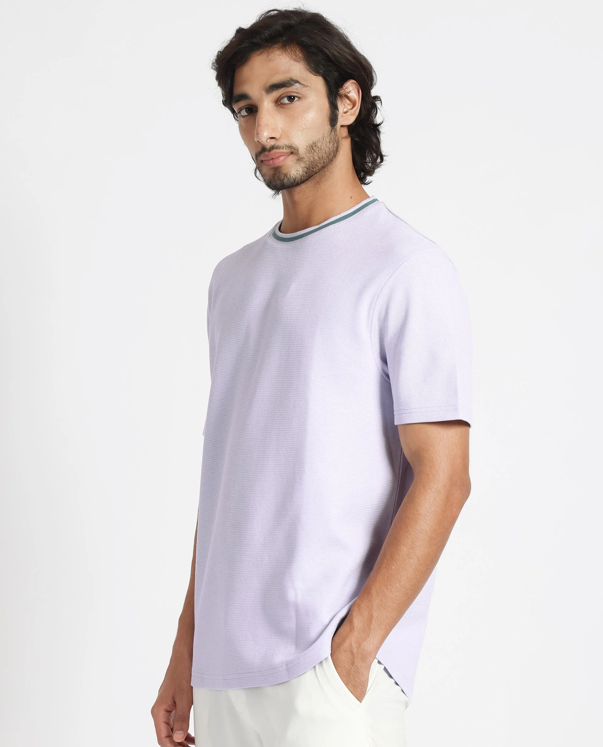 Rare Rabbit Men's Bueno Pastel Purple Cotton Plain Relaxed Fit Half Sleeve Crew Neck T-Shirt - Image 7