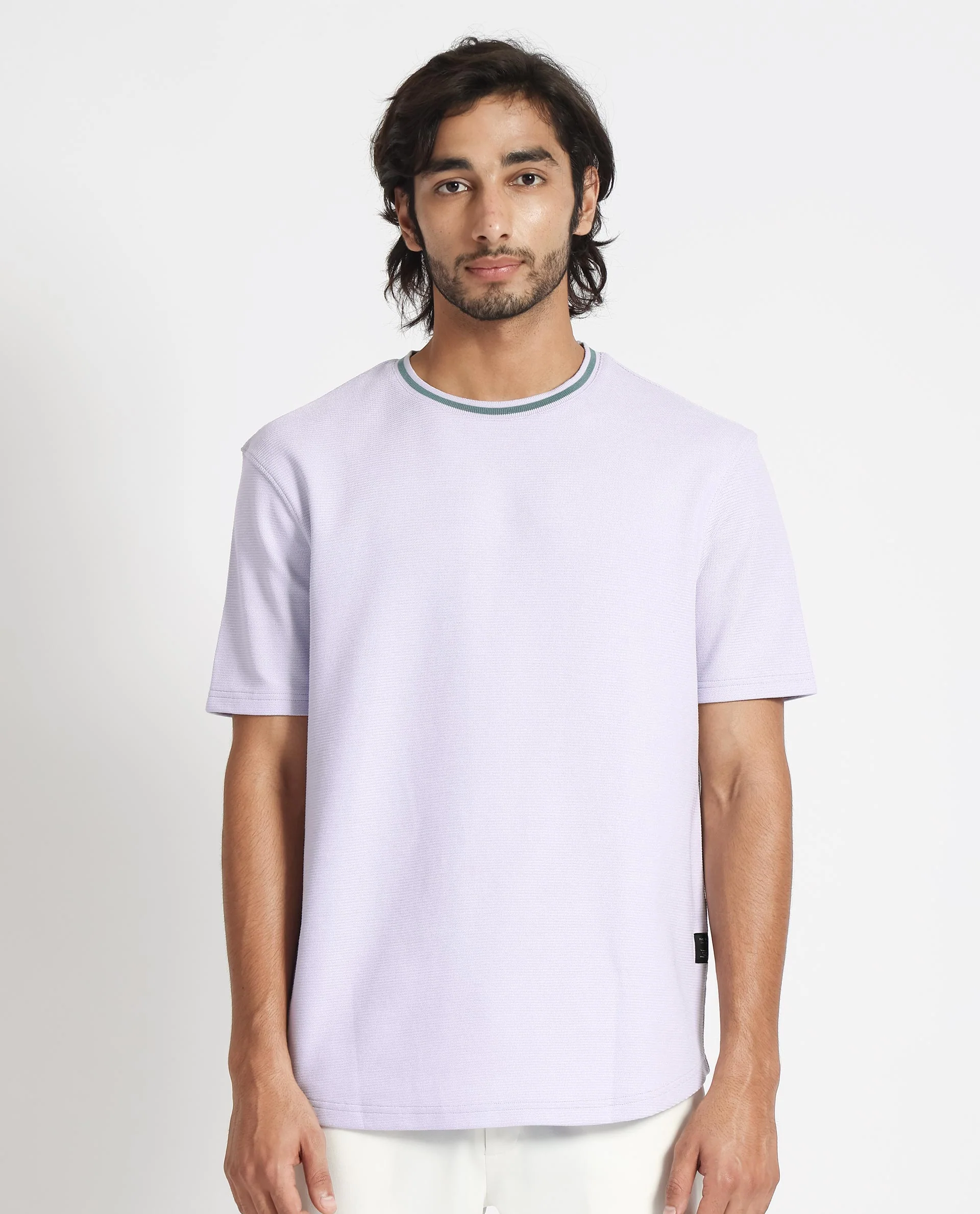 Rare Rabbit Men's Bueno Pastel Purple Cotton Plain Relaxed Fit Half Sleeve Crew Neck T-Shirt - Image 9