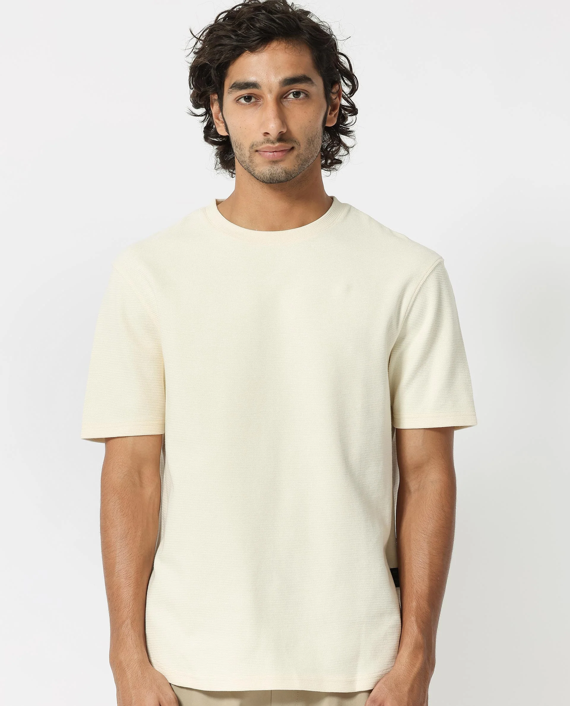 Rare Rabbit Men's Buenos Beige Cotton Plain Relaxed Fit Half Sleeve Crew Neck T-Shirt