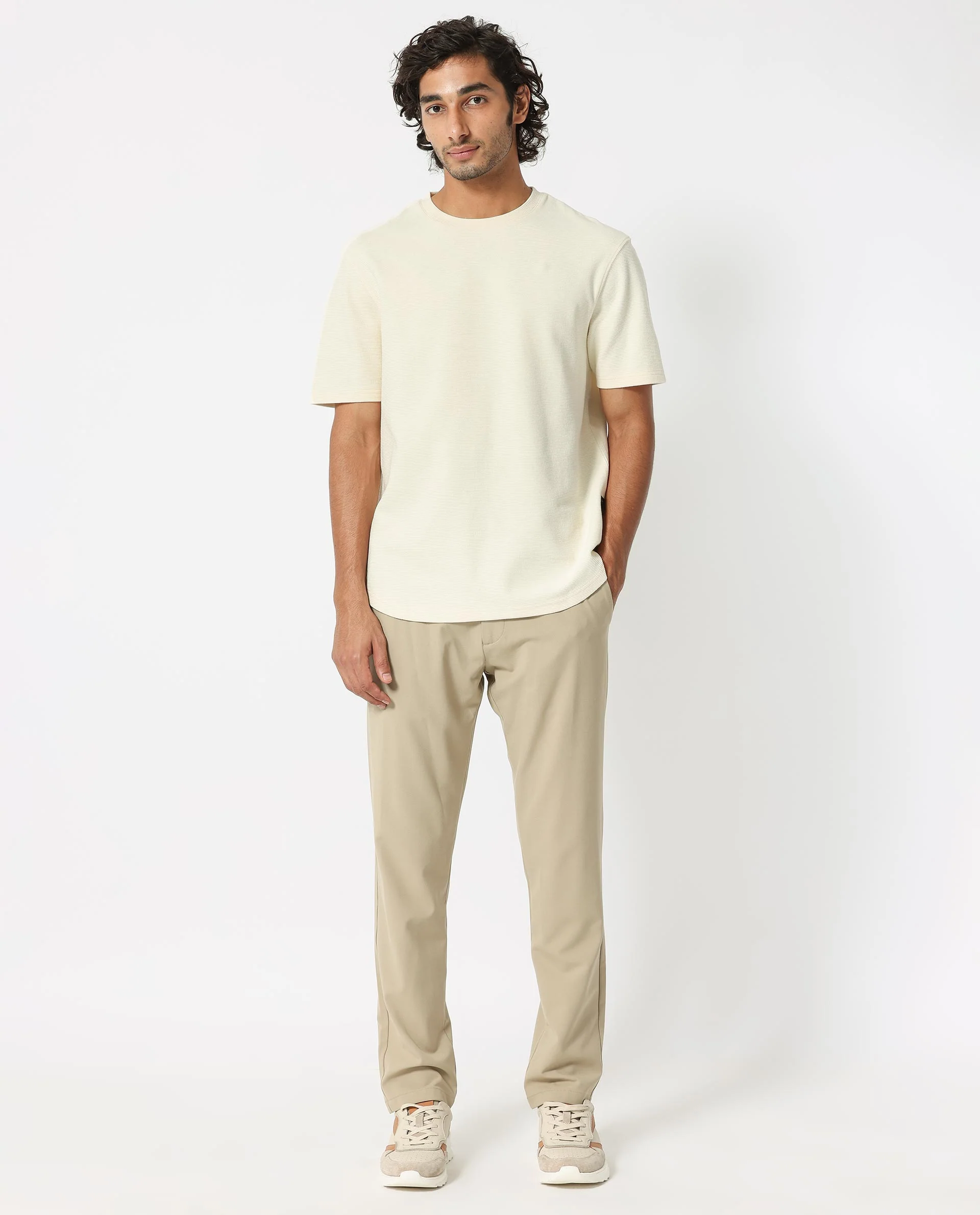 Rare Rabbit Men's Buenos Beige Cotton Plain Relaxed Fit Half Sleeve Crew Neck T-Shirt - Image 2
