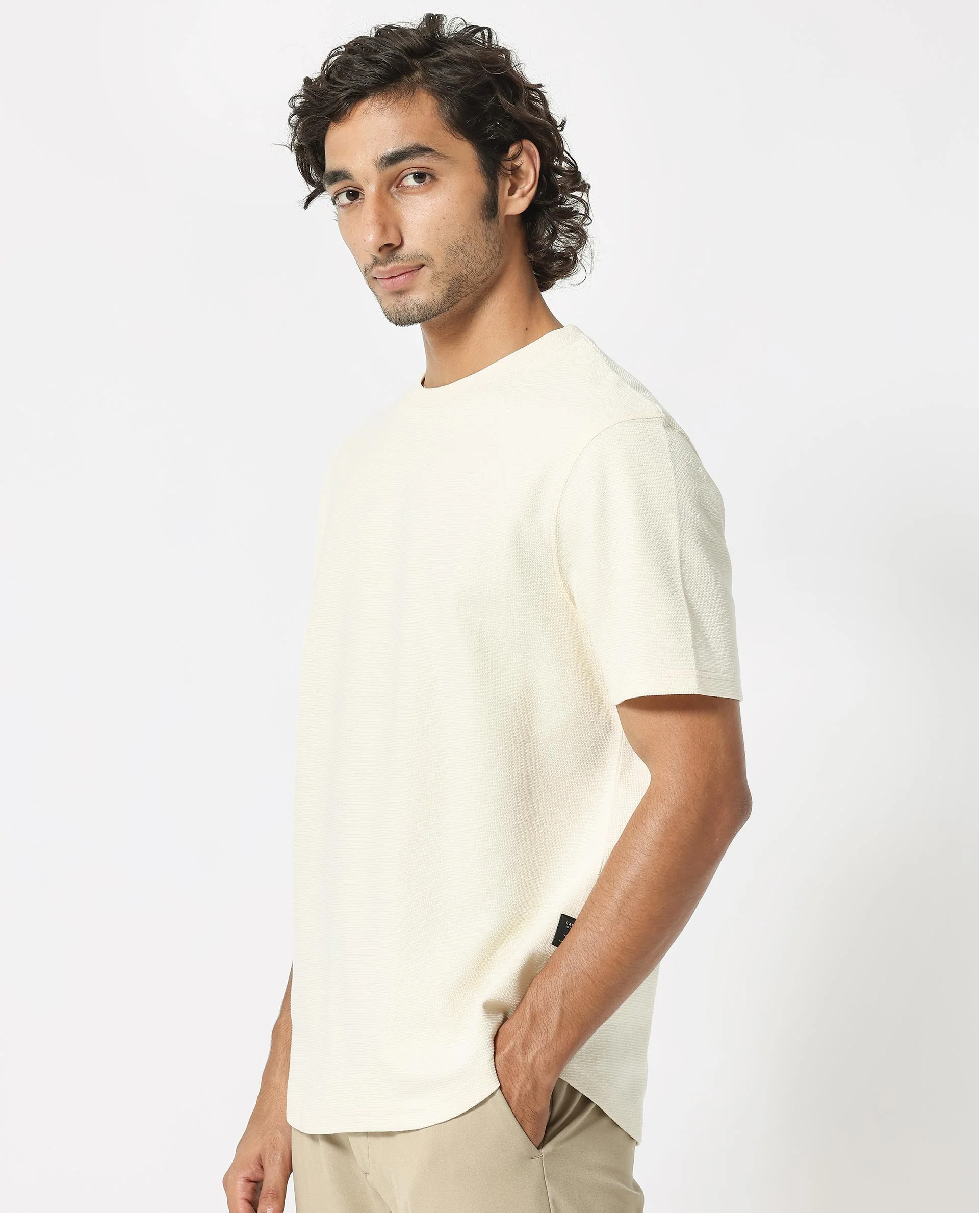 Rare Rabbit Men's Buenos Beige Cotton Plain Relaxed Fit Half Sleeve Crew Neck T-Shirt - Image 5