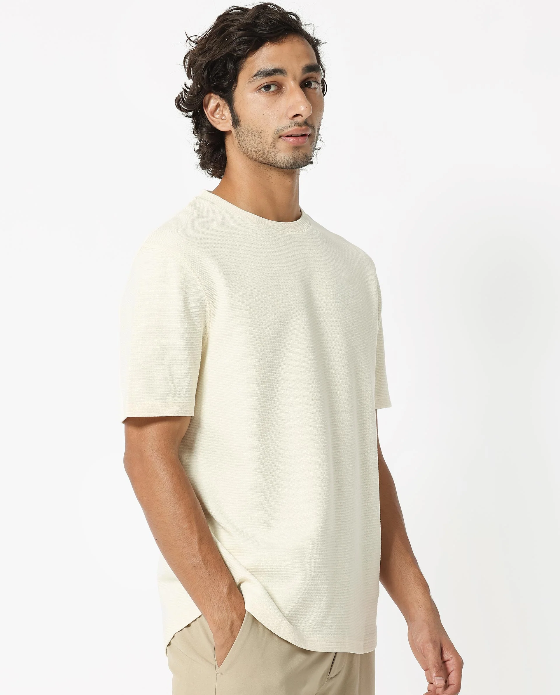 Rare Rabbit Men's Buenos Beige Cotton Plain Relaxed Fit Half Sleeve Crew Neck T-Shirt - Image 6