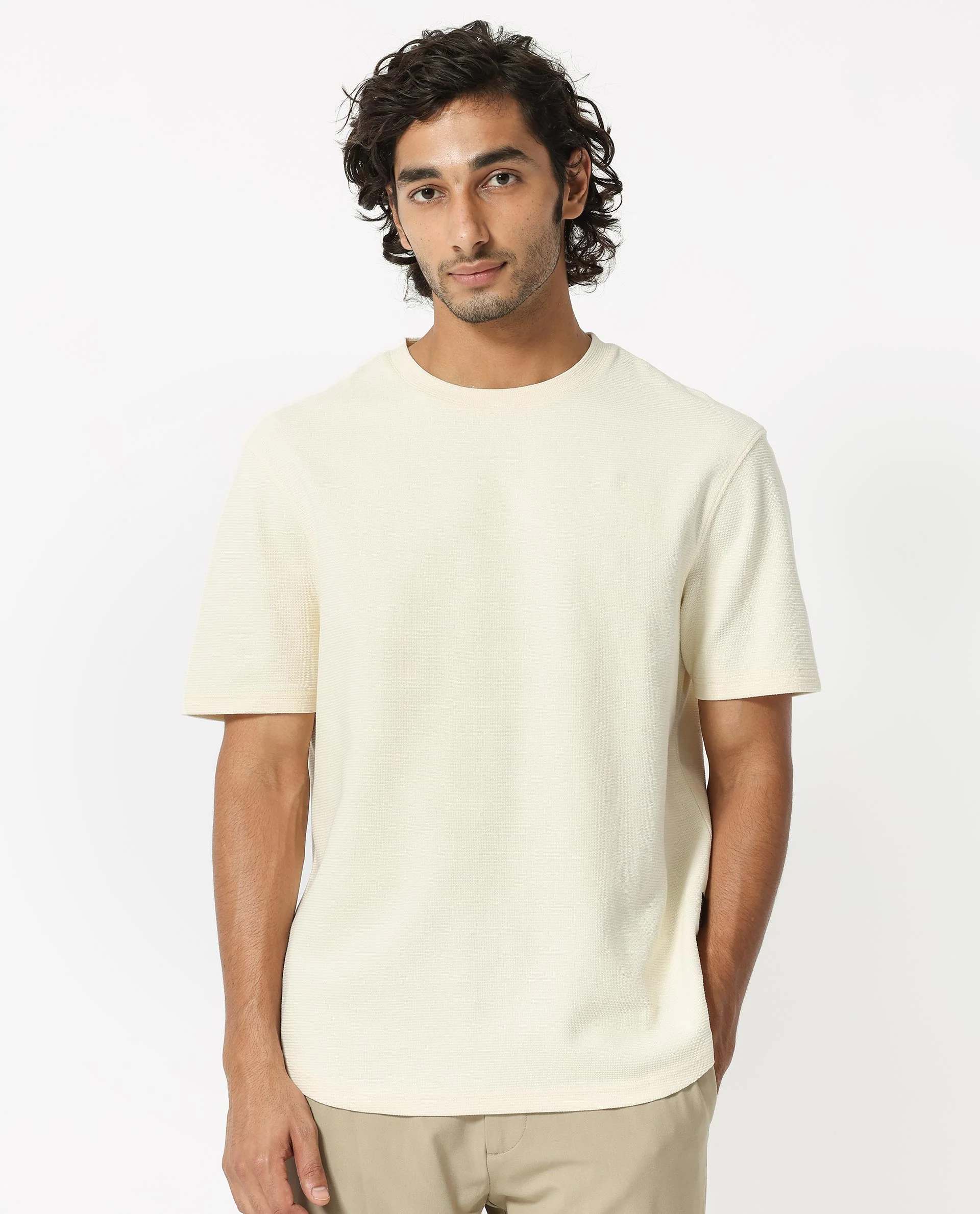 Rare Rabbit Men's Buenos Beige Cotton Plain Relaxed Fit Half Sleeve Crew Neck T-Shirt - Image 7