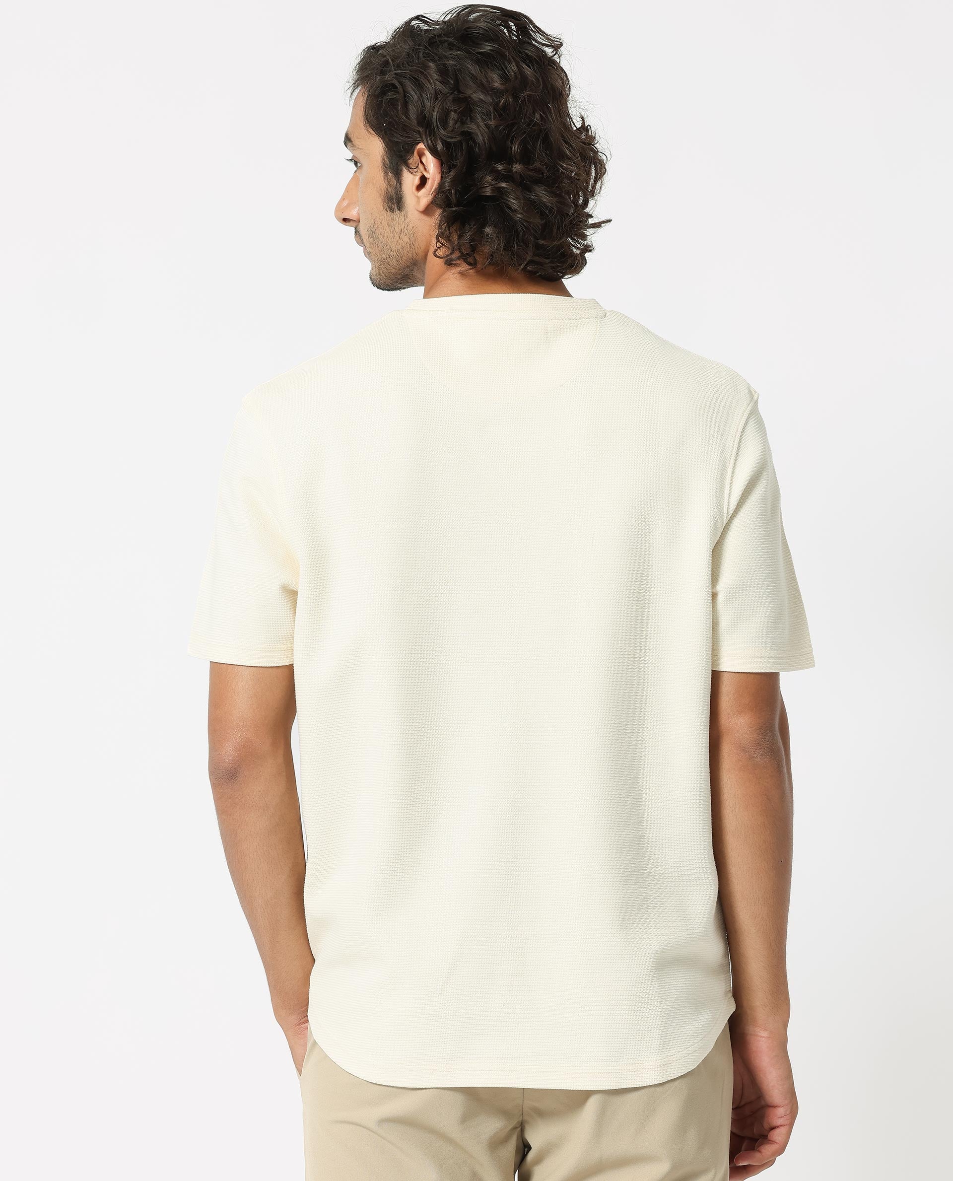 Rare Rabbit Men's Buenos Beige Cotton Plain Relaxed Fit Half Sleeve Crew Neck T-Shirt - Image 8