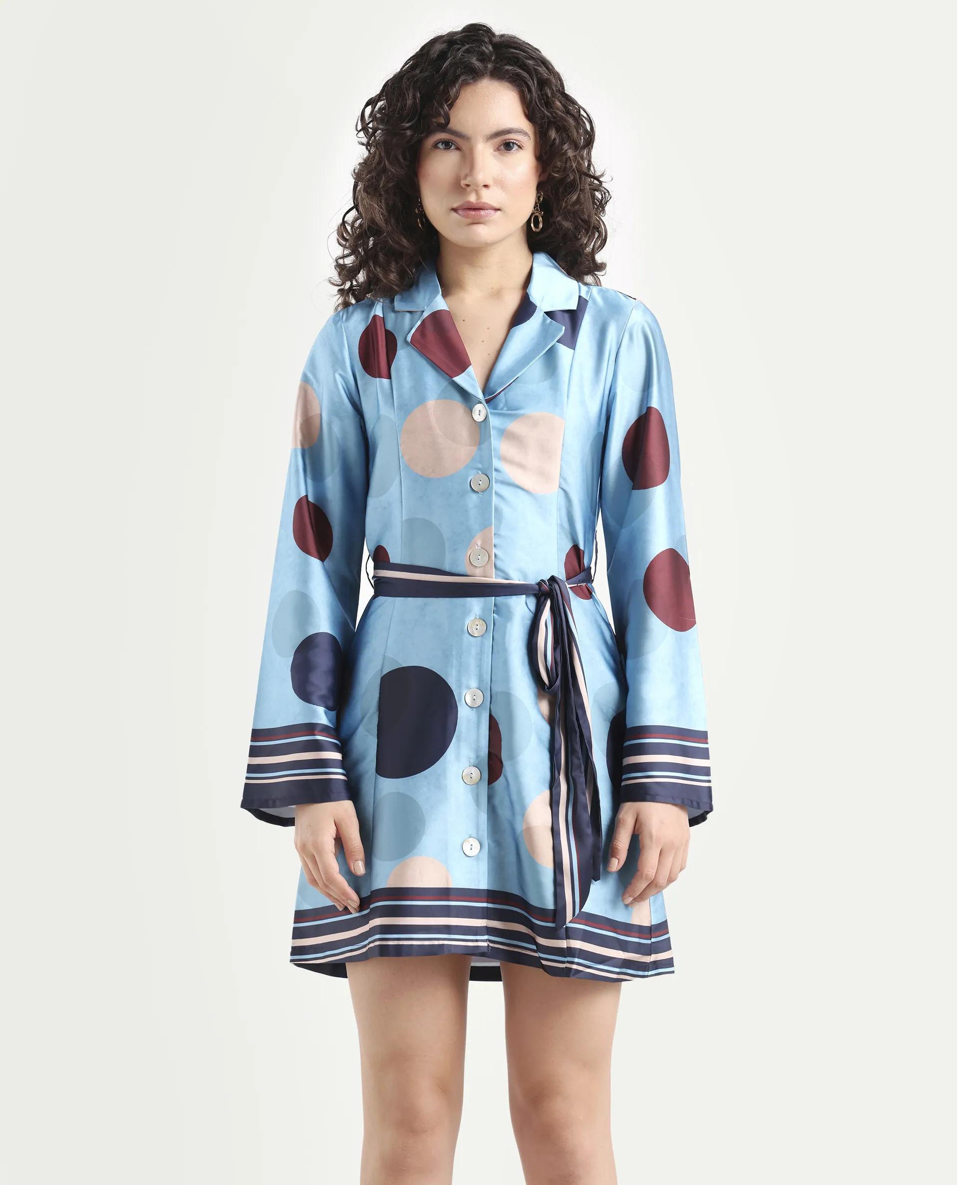 Rareism Women's Buffe Dusky Blue Polyester Lapel Neck Polka Print Bell Sleeve Mini Regular Fit Dress - Image 3
