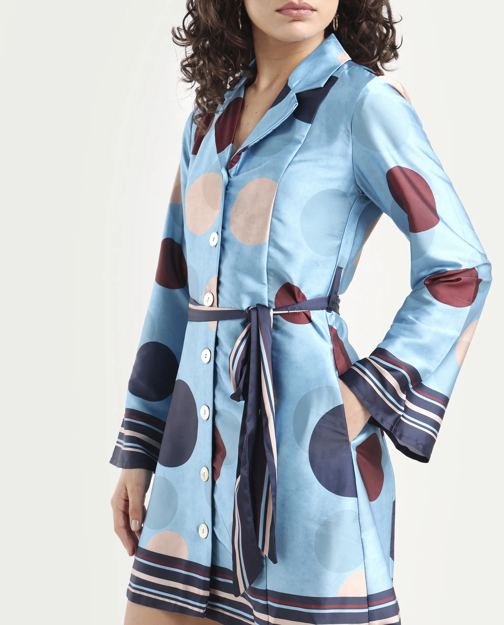 Rareism Women's Buffe Dusky Blue Polyester Lapel Neck Polka Print Bell Sleeve Mini Regular Fit Dress - Image 4