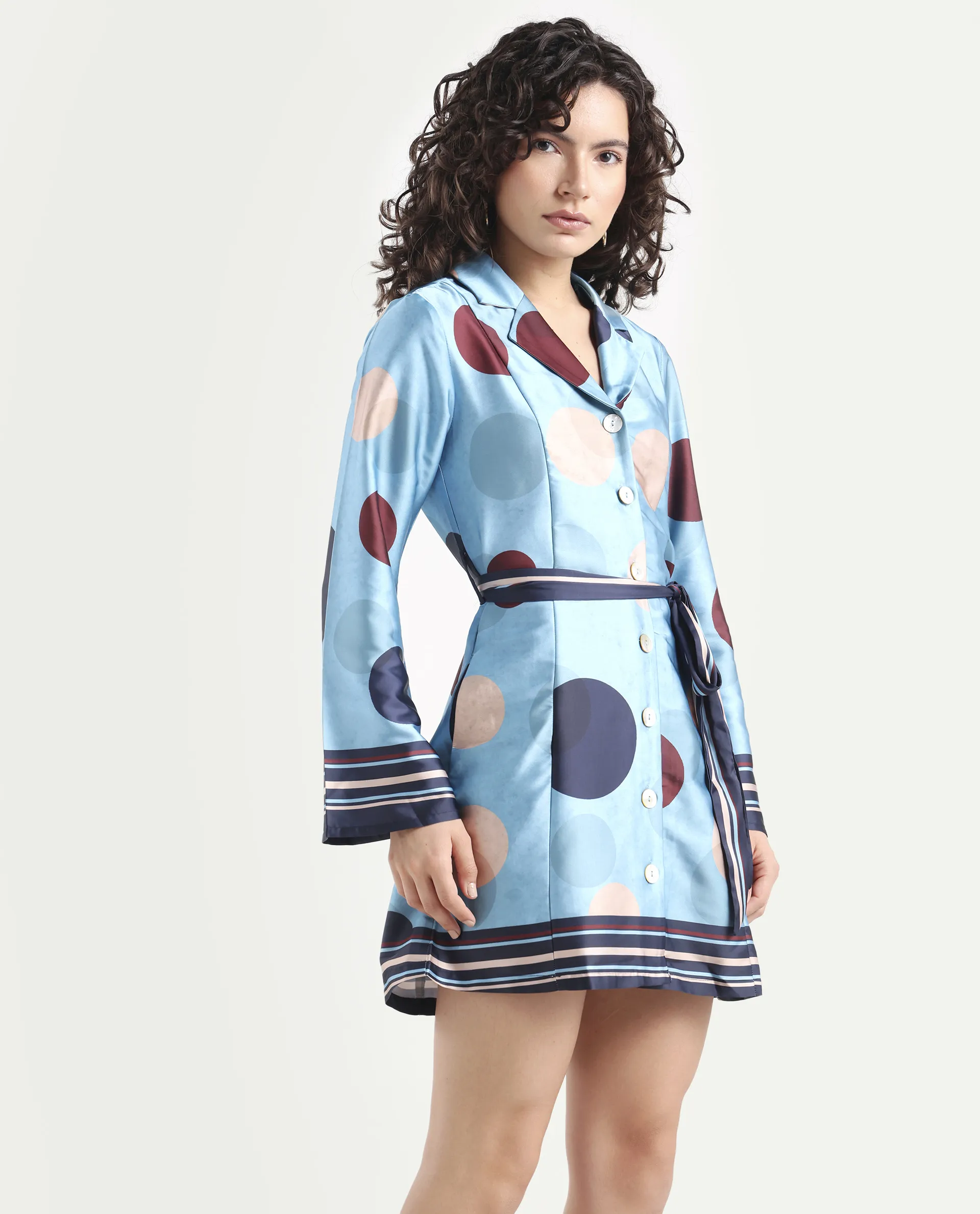 Rareism Women's Buffe Dusky Blue Polyester Lapel Neck Polka Print Bell Sleeve Mini Regular Fit Dress - Image 6