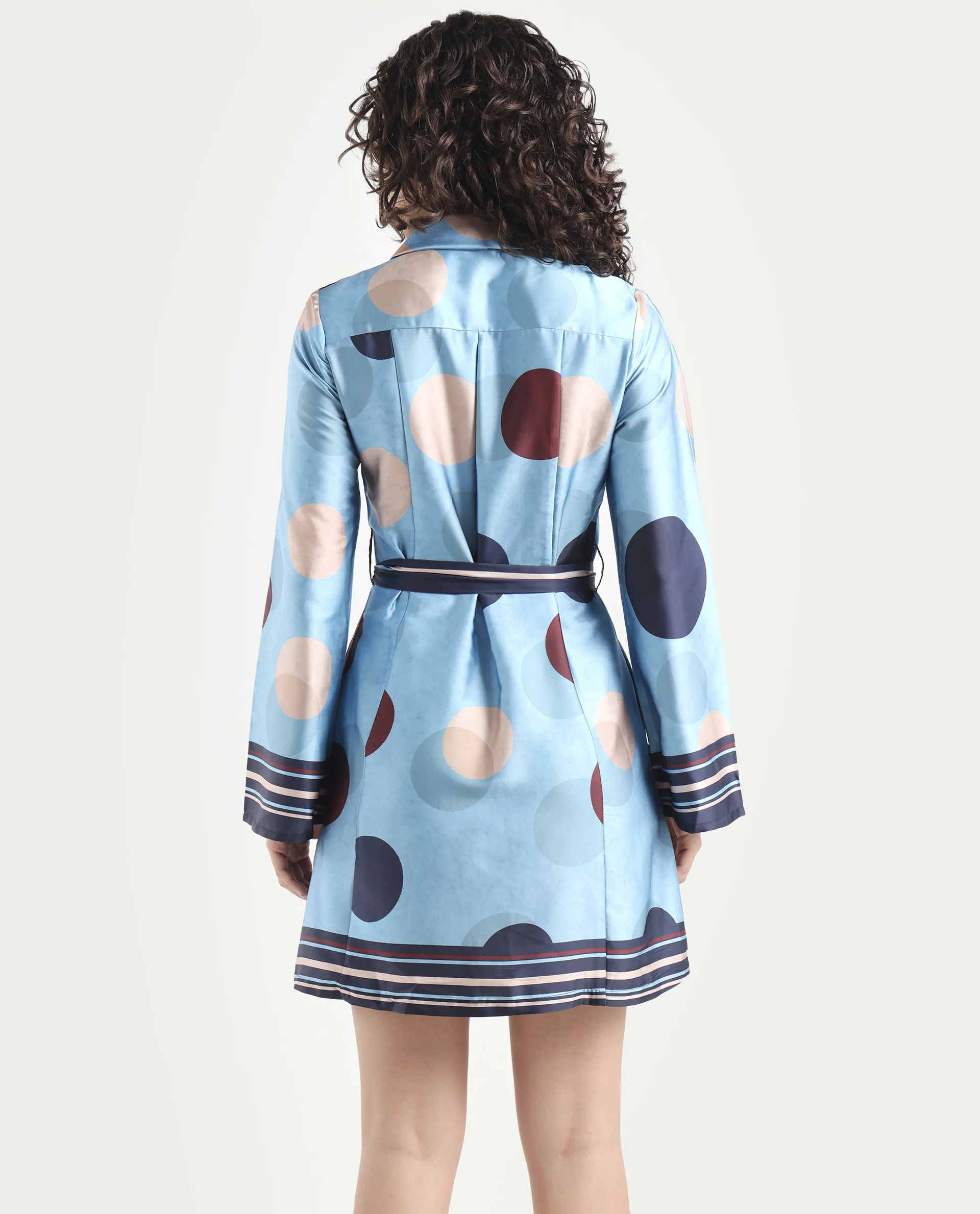 Rareism Women's Buffe Dusky Blue Polyester Lapel Neck Polka Print Bell Sleeve Mini Regular Fit Dress - Image 7