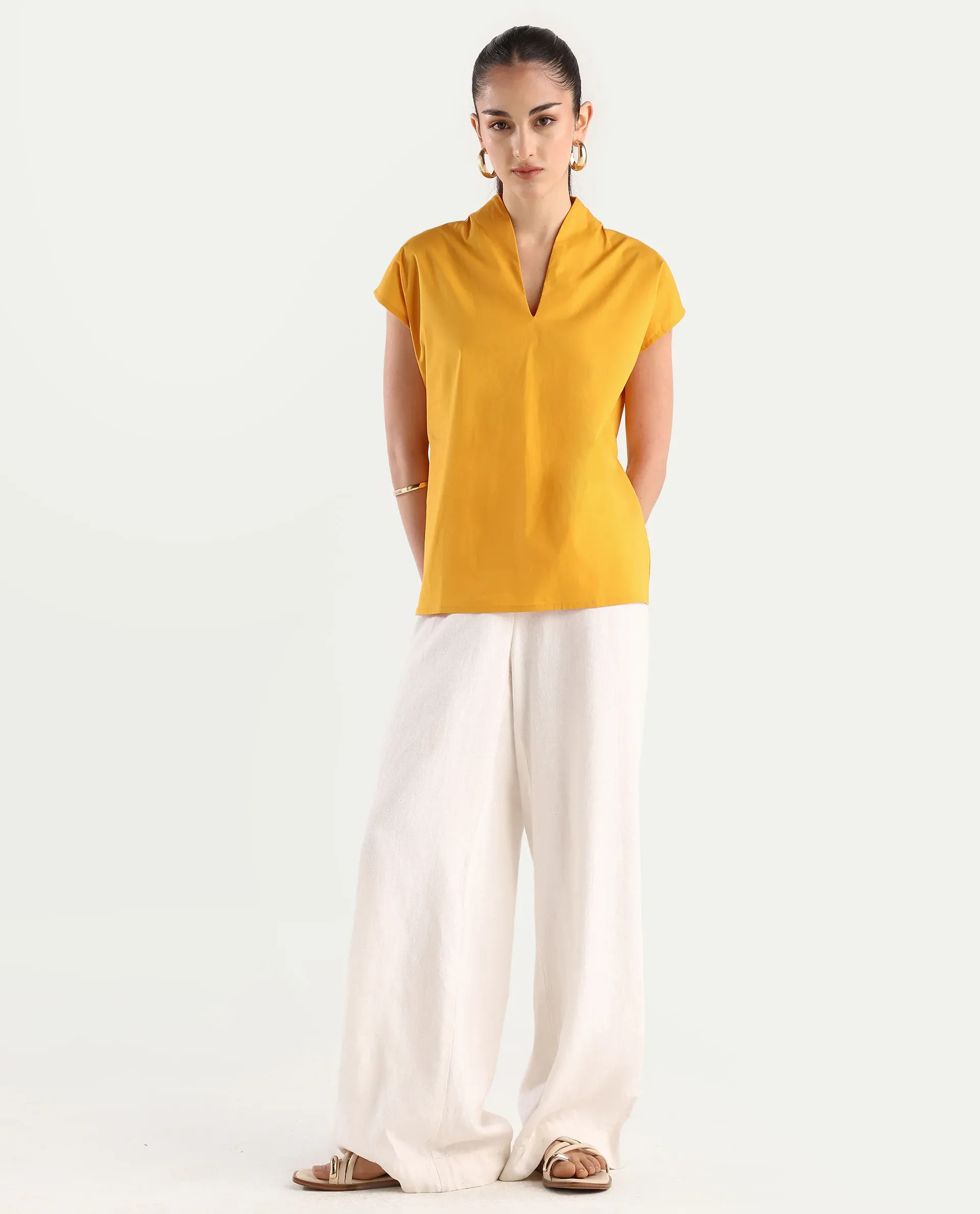 Rareism Women's Buijit Yellow Polyester Blend V-Neck Plain Extended Sleeves Regular Fit Top - Image 2