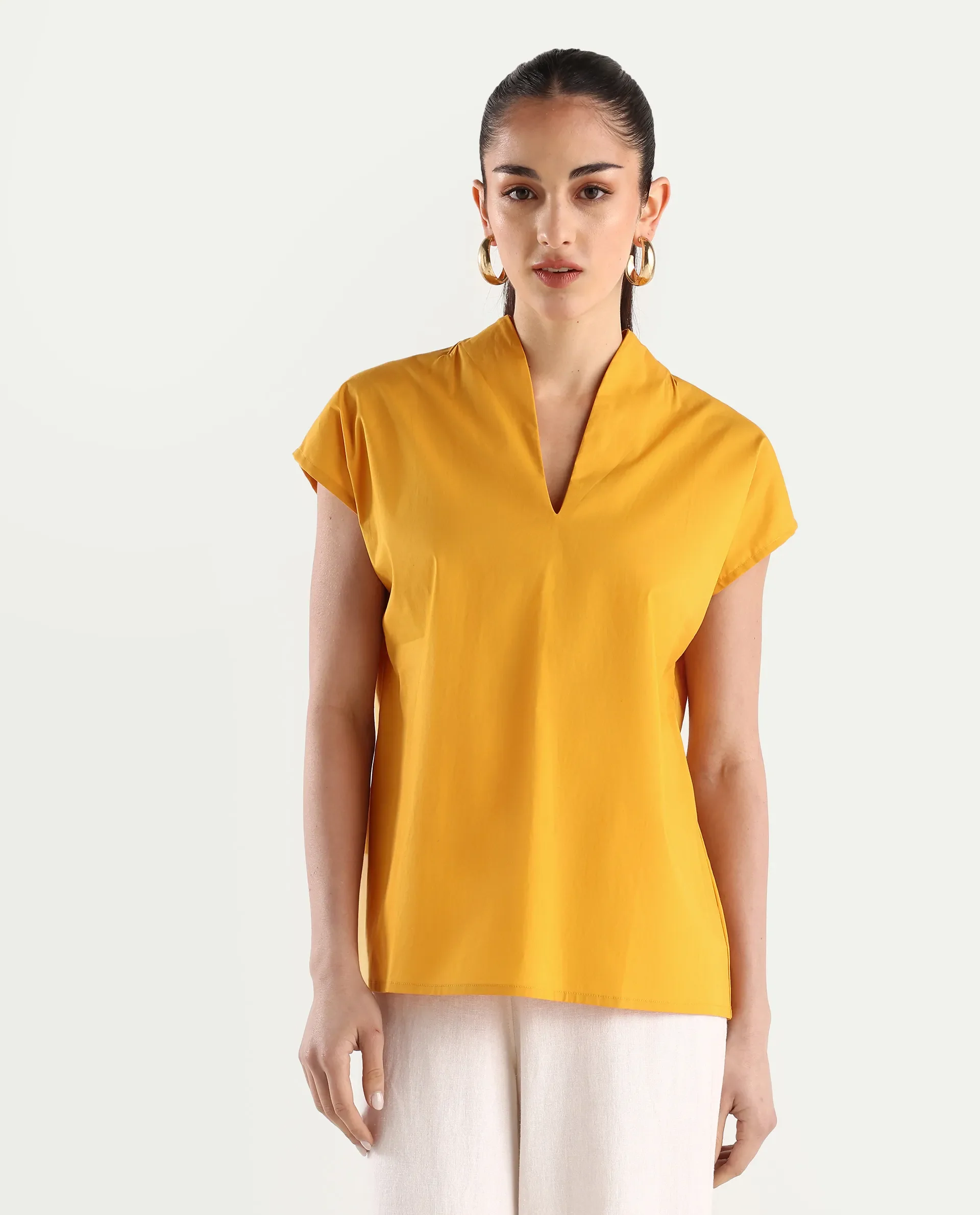 Rareism Women's Buijit Yellow Polyester Blend V-Neck Plain Extended Sleeves Regular Fit Top - Image 3