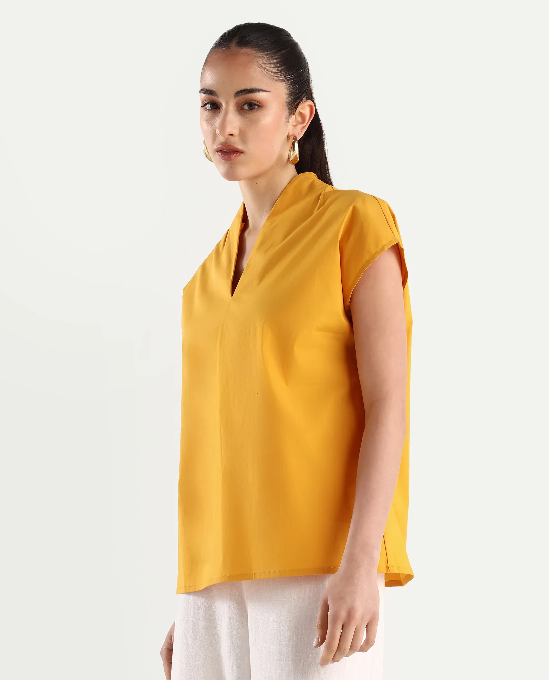 Rareism Women's Buijit Yellow Polyester Blend V-Neck Plain Extended Sleeves Regular Fit Top - Image 5