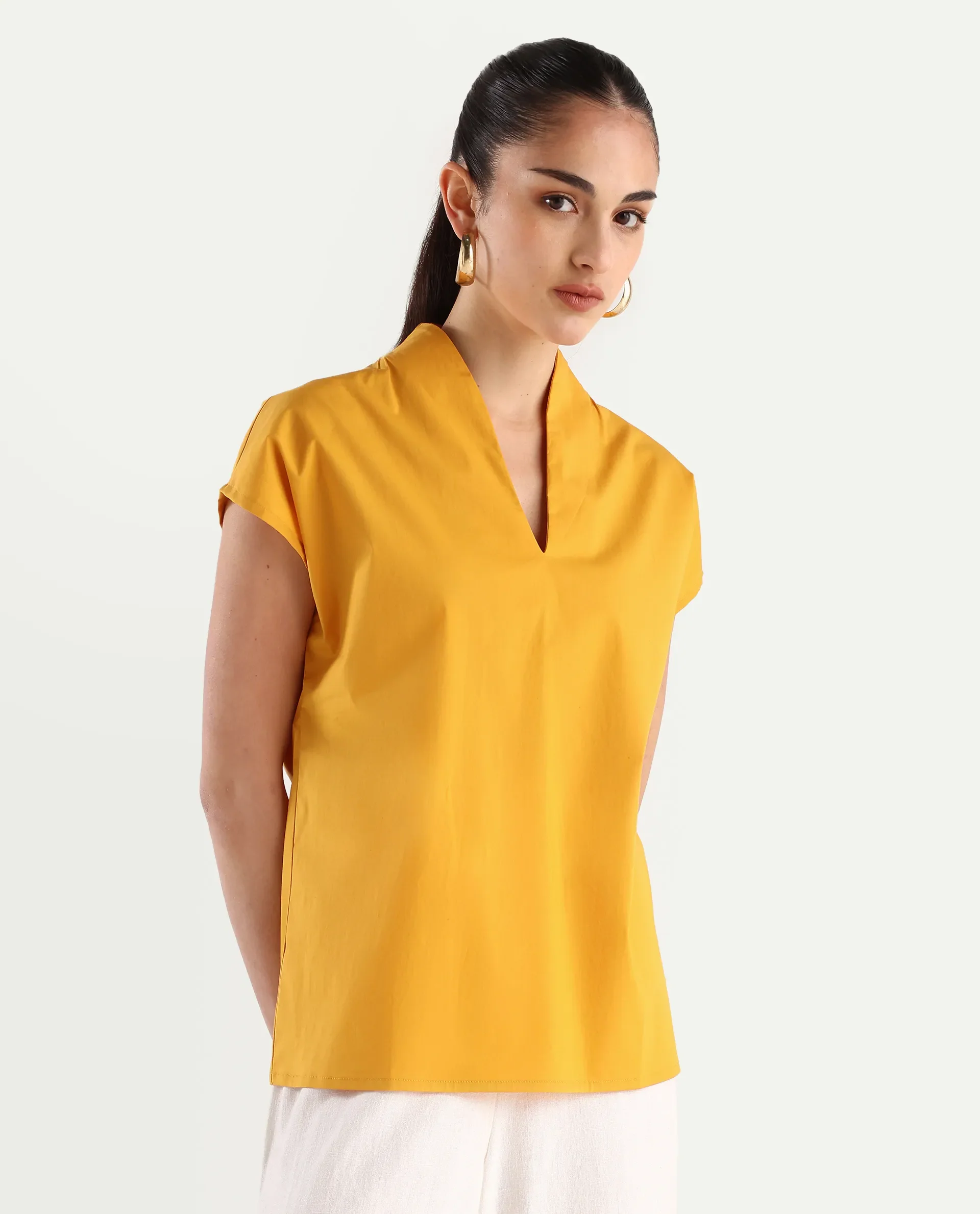 Rareism Women's Buijit Yellow Polyester Blend V-Neck Plain Extended Sleeves Regular Fit Top - Image 6
