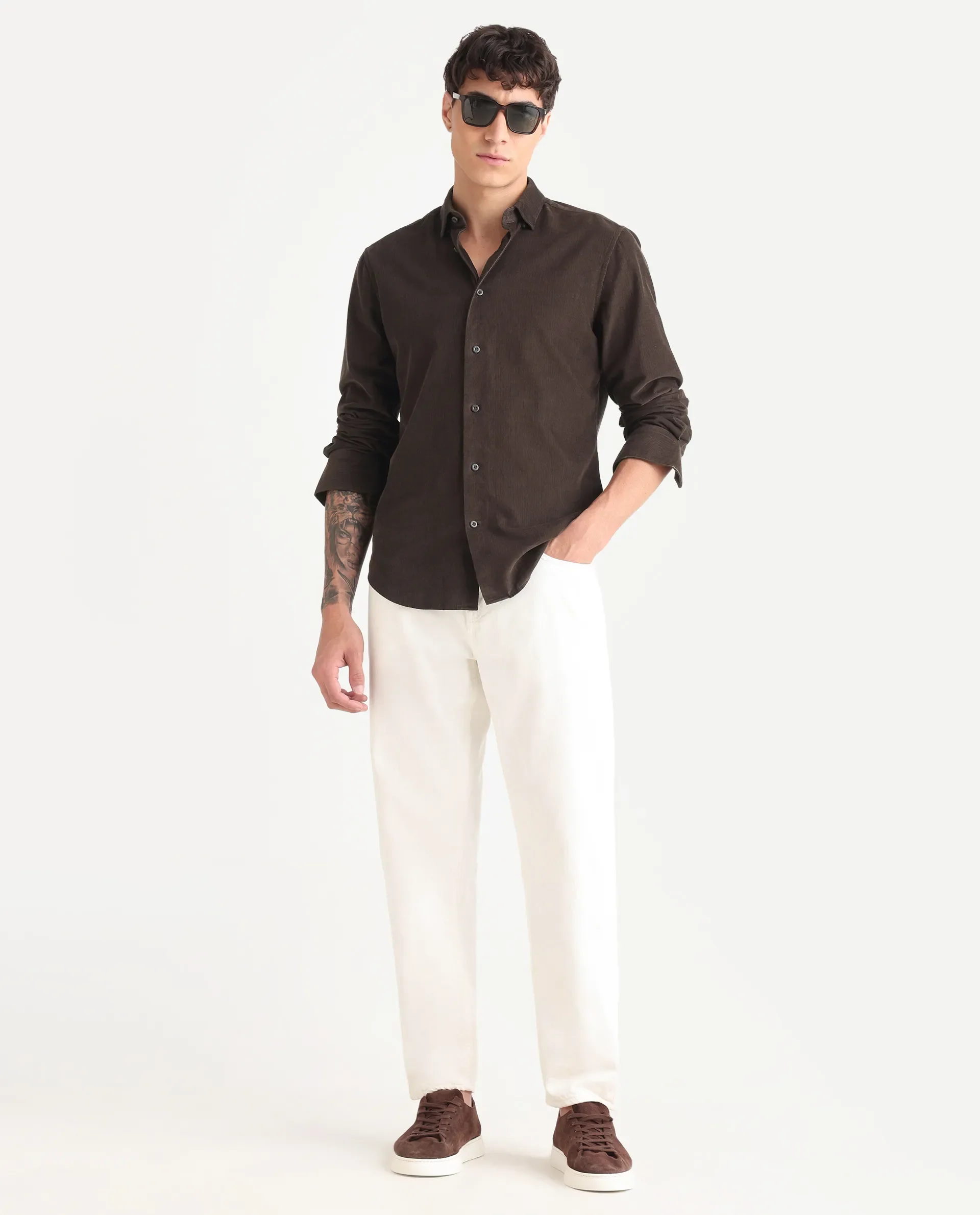 Rare Rabbit Men's Buita Dark Brown Cotton Plain Regular Fit Full Sleeve Collared Shirt - Image 2