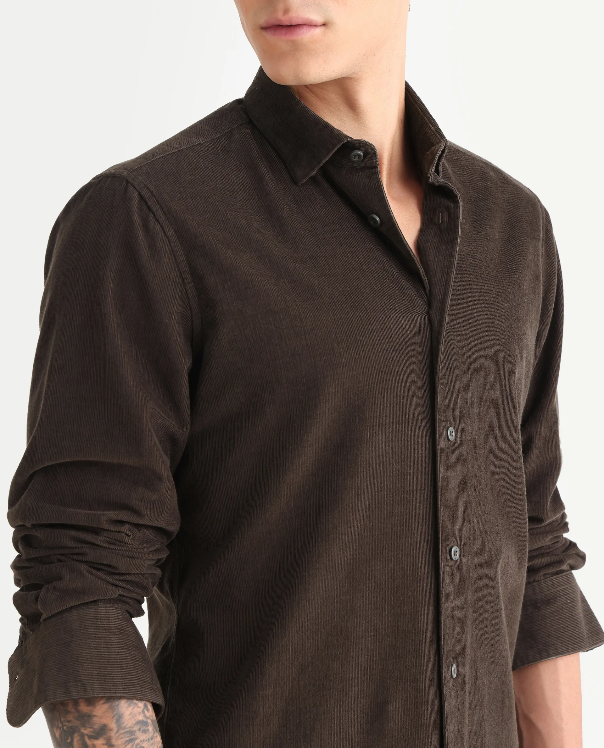 Rare Rabbit Men's Buita Dark Brown Cotton Plain Regular Fit Full Sleeve Collared Shirt - Image 3