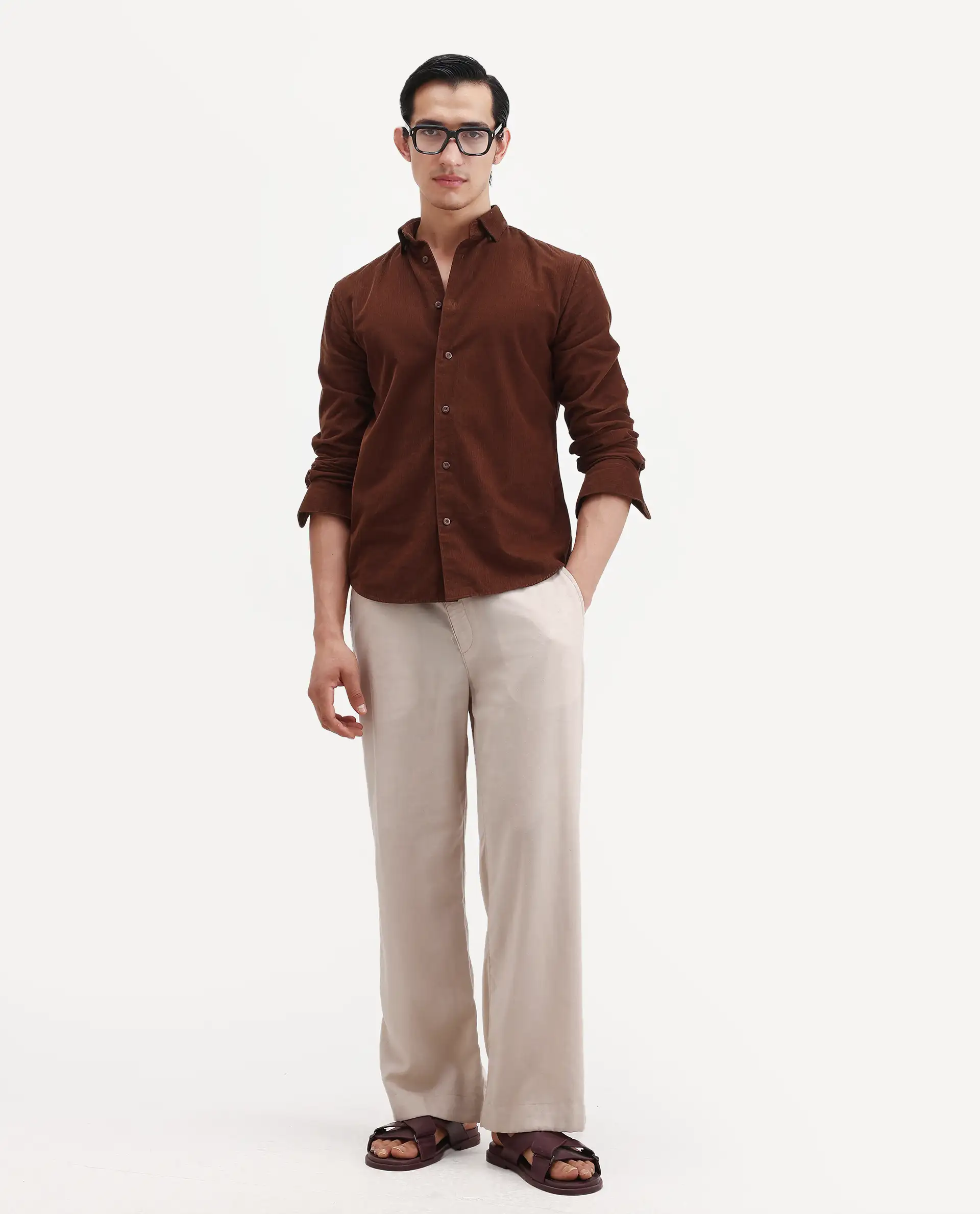Rare Rabbit Men's Buita Dark Rust Cotton Plain Regular Fit Full Sleeve Collared Shirt - Image 2