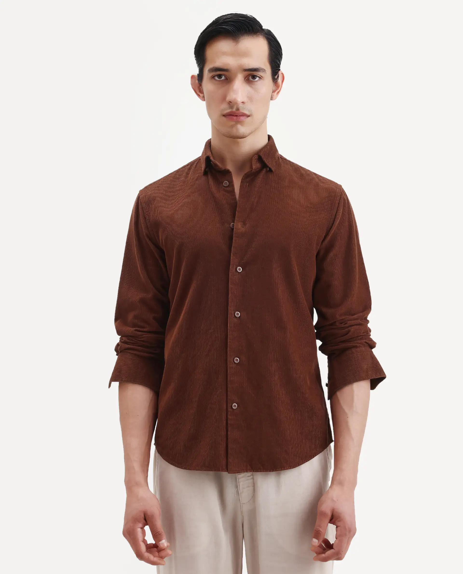 Rare Rabbit Men's Buita Dark Rust Cotton Plain Regular Fit Full Sleeve Collared Shirt - Image 3