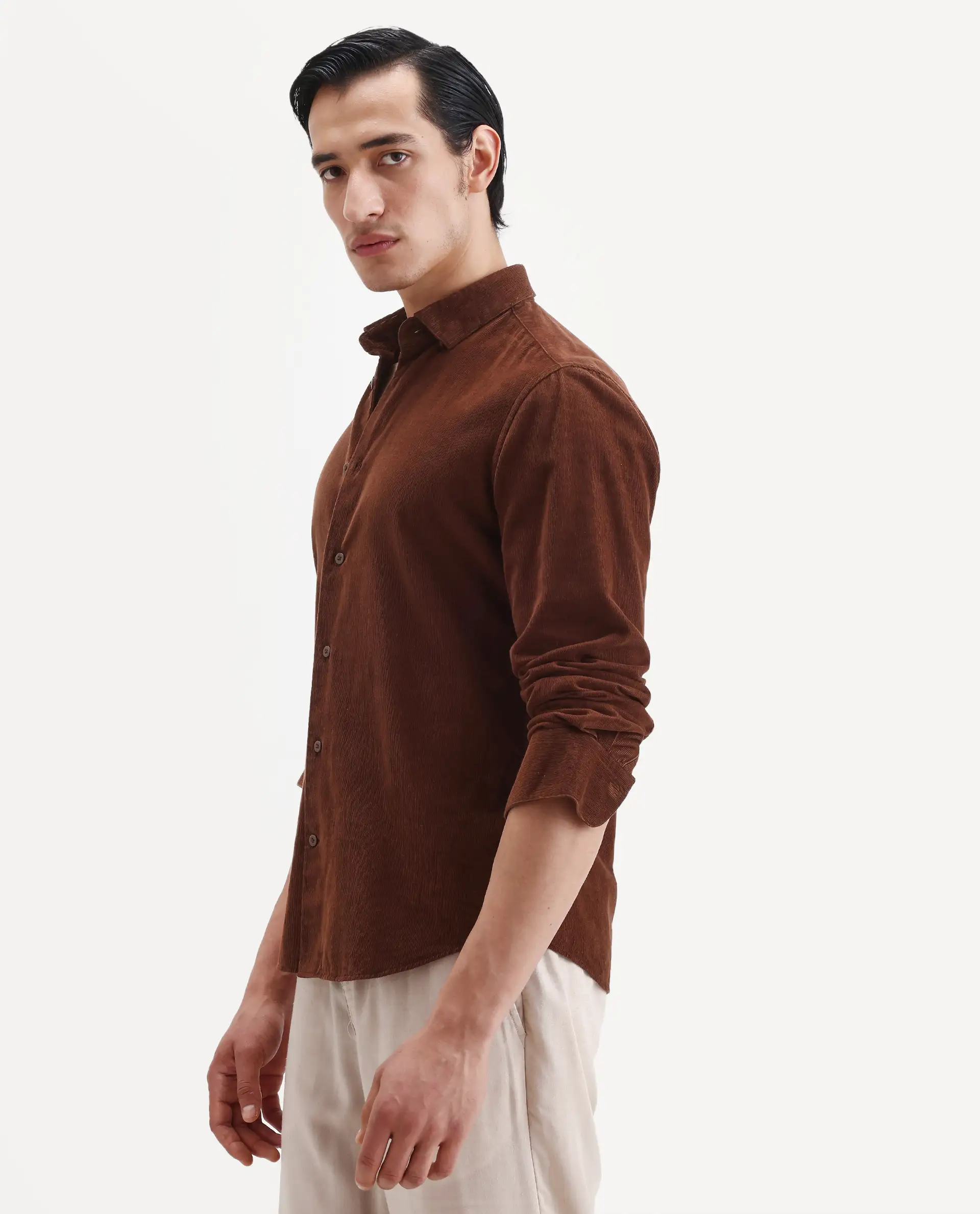 Rare Rabbit Men's Buita Dark Rust Cotton Plain Regular Fit Full Sleeve Collared Shirt - Image 5