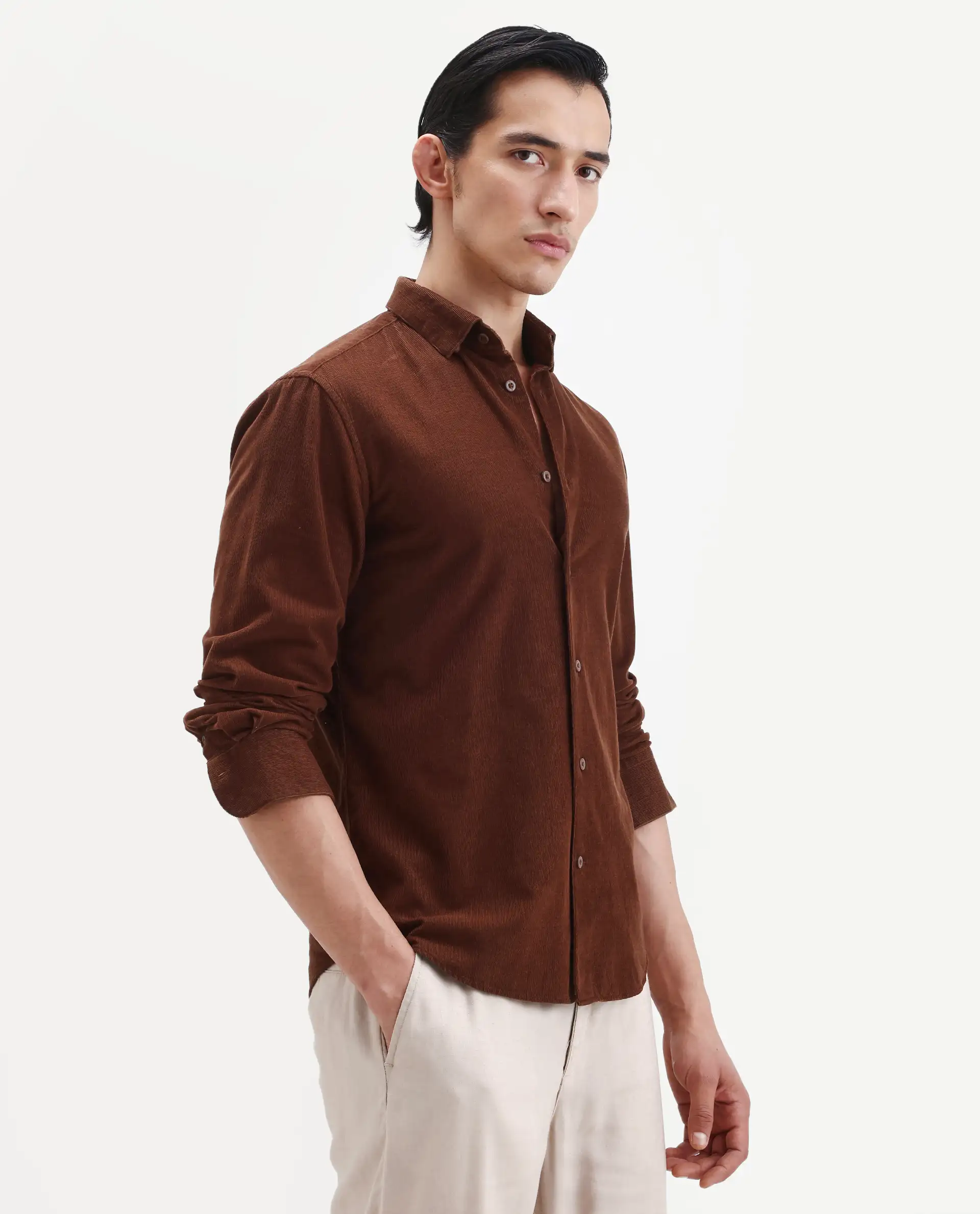 Rare Rabbit Men's Buita Dark Rust Cotton Plain Regular Fit Full Sleeve Collared Shirt - Image 6