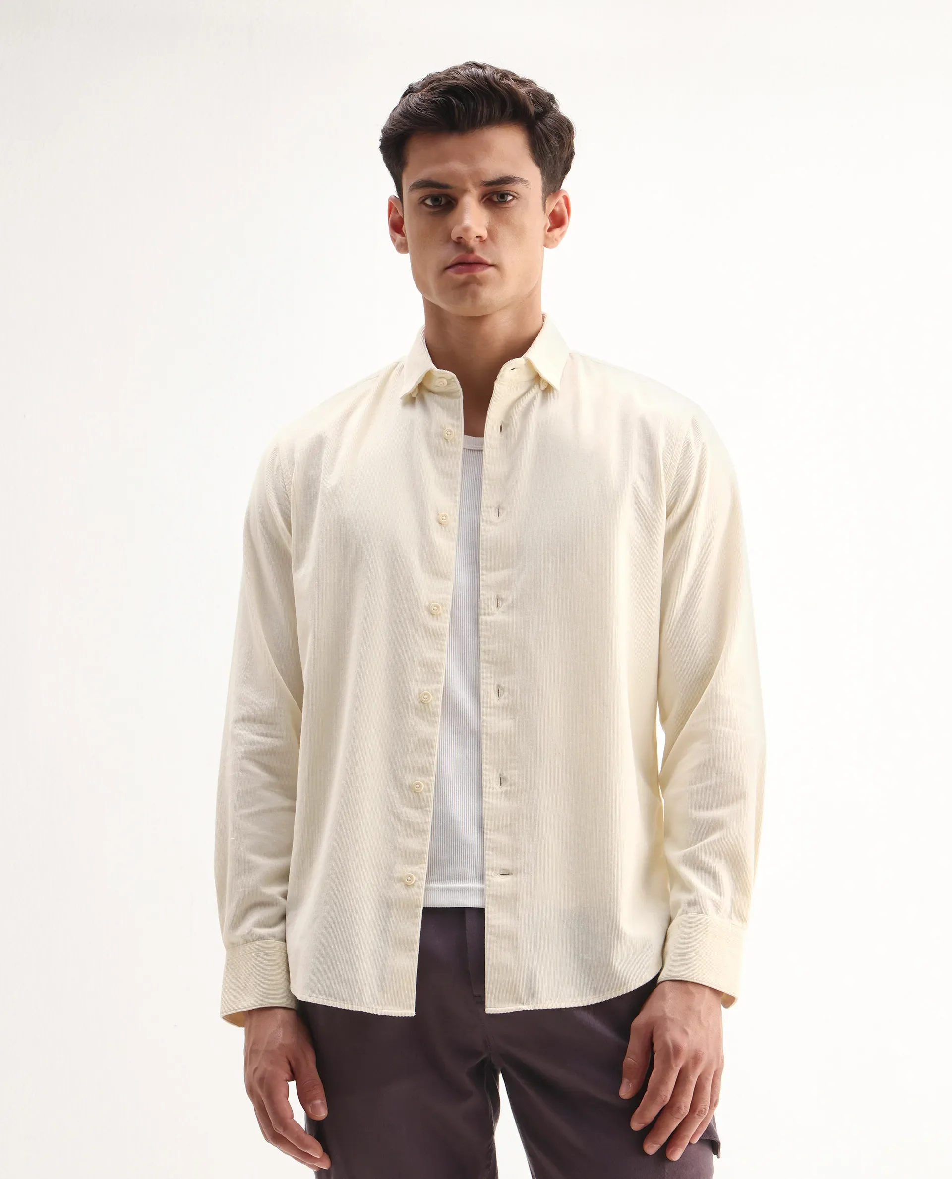 Rare Rabbit Men's Buita Off White Cotton Plain Regular Fit Full Sleeve Collared Shirt - Image 4